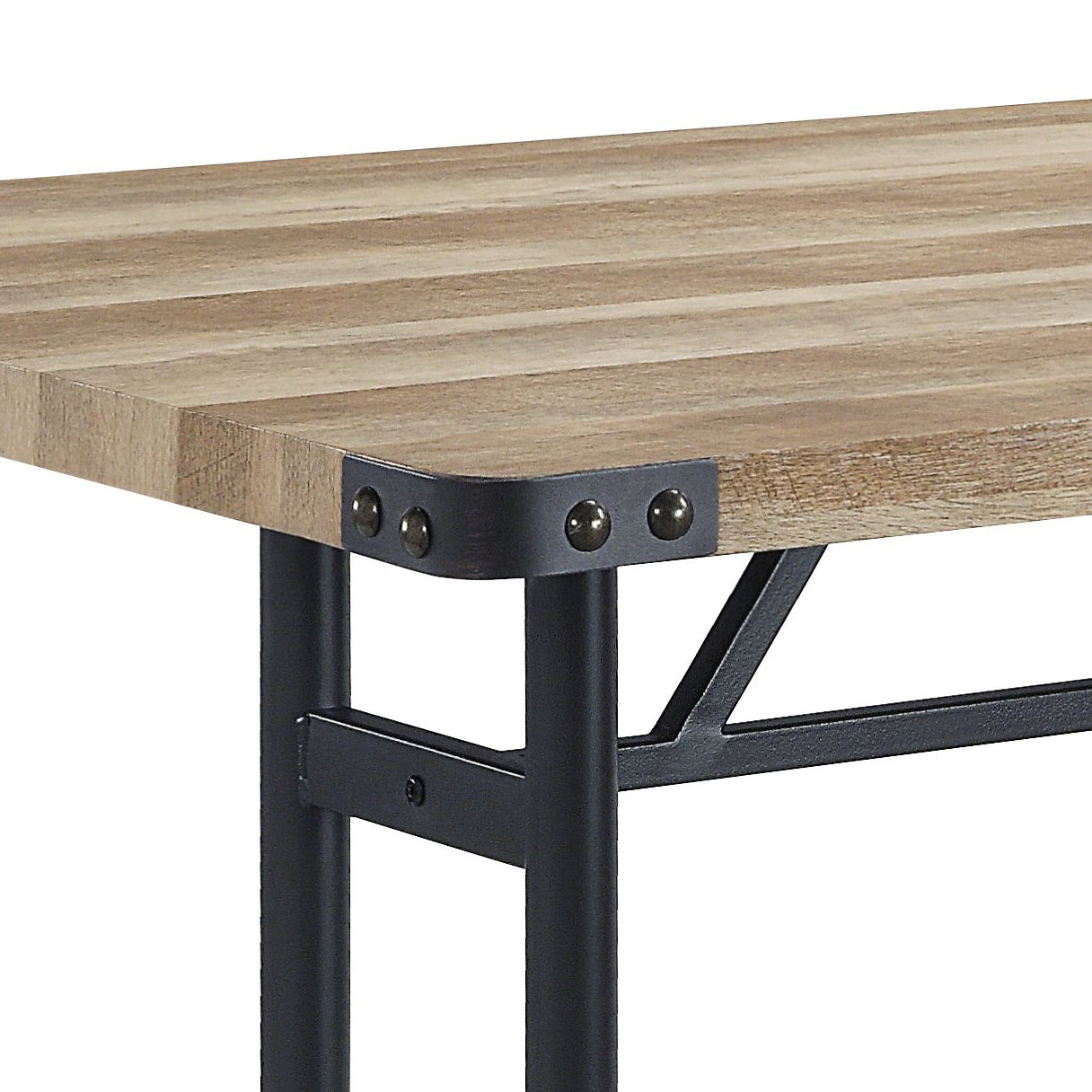 Rustic wood table with black metal legs and decorative rivets