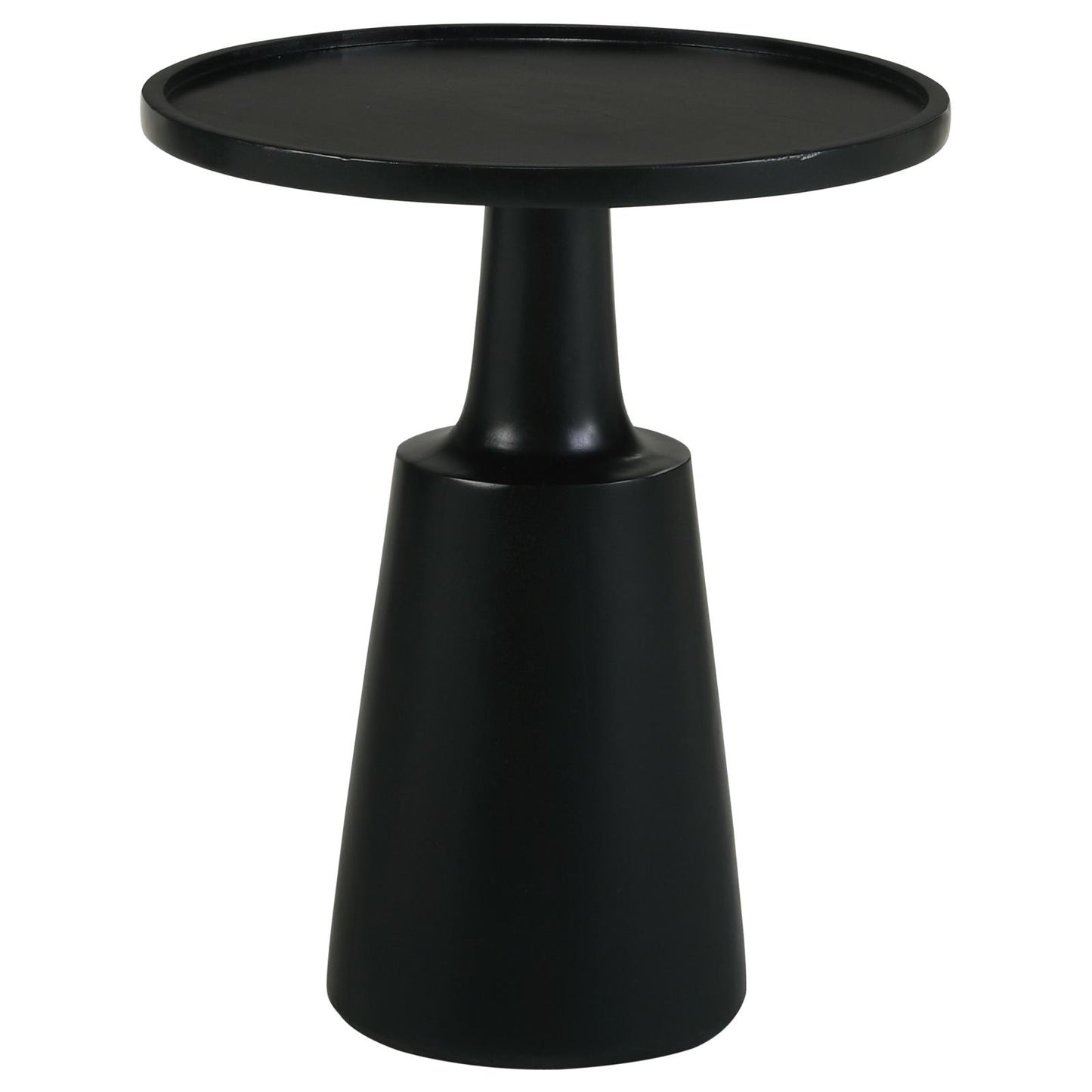 Matte black wooden accent table with a round top and tapered pedestal base