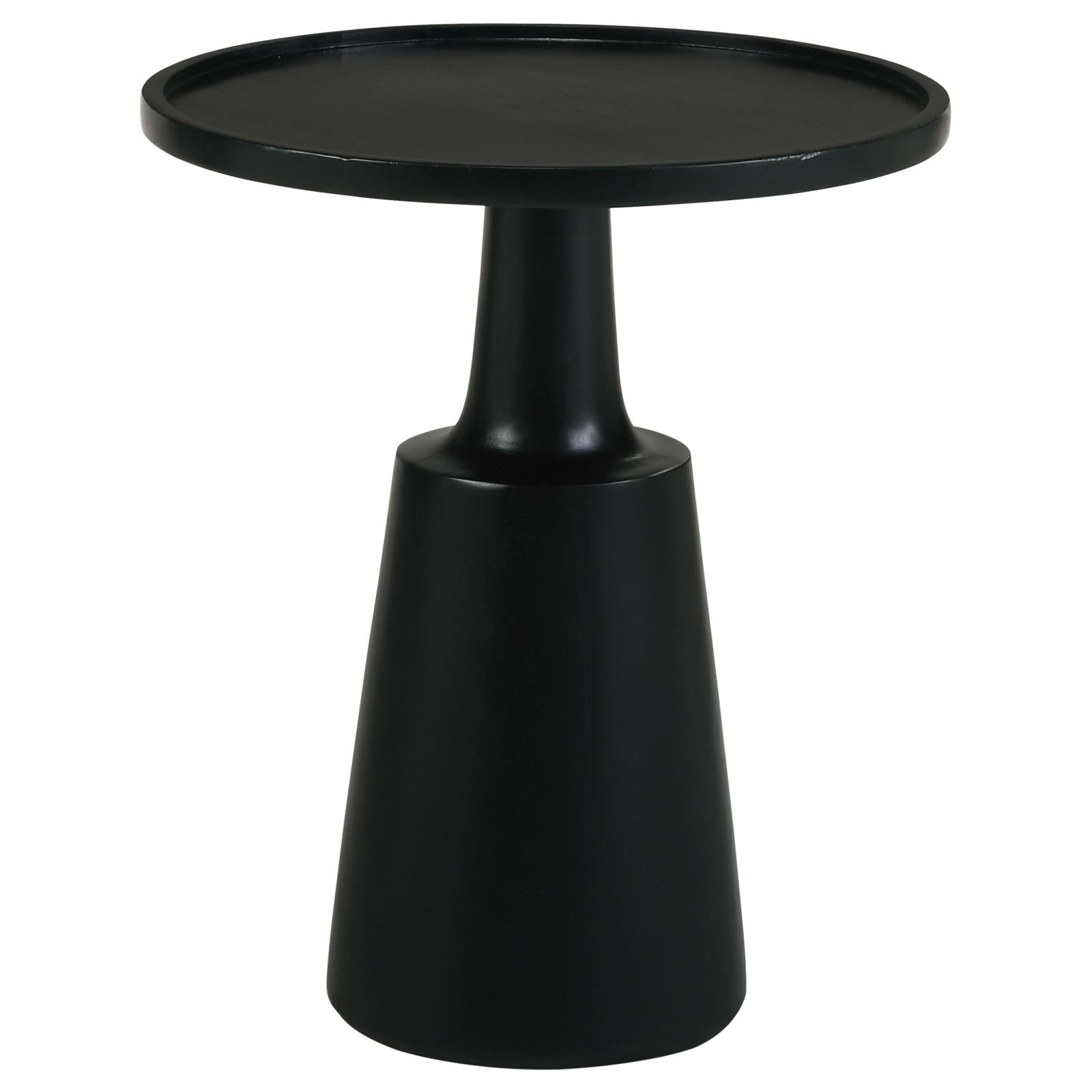 Matte black wooden accent table with a round top and tapered pedestal base