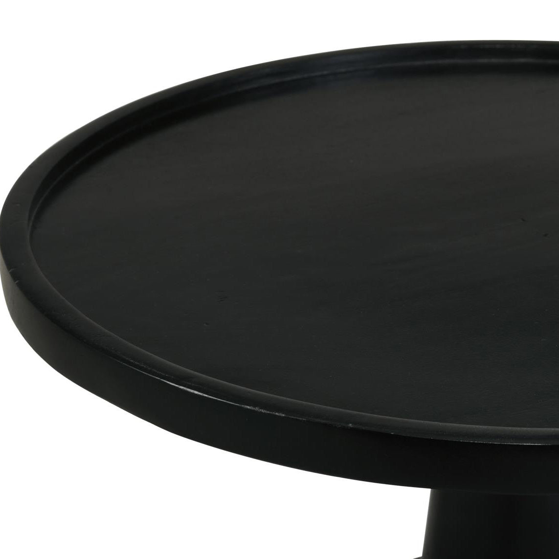 Round black wood side table with a low profile and subtle lip for contemporary living rooms