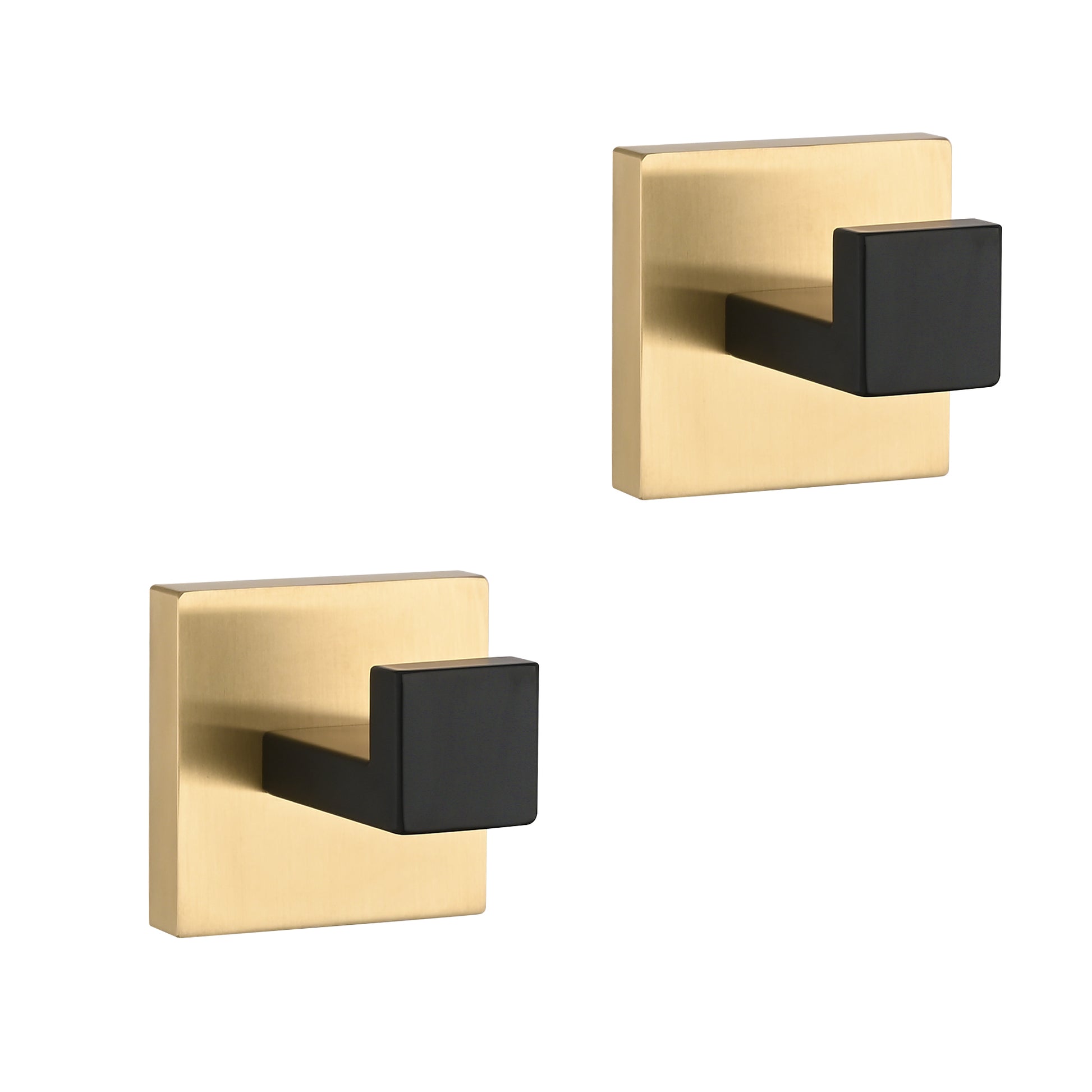 Brushed brass wall hook with a modern black square arm for bath towels