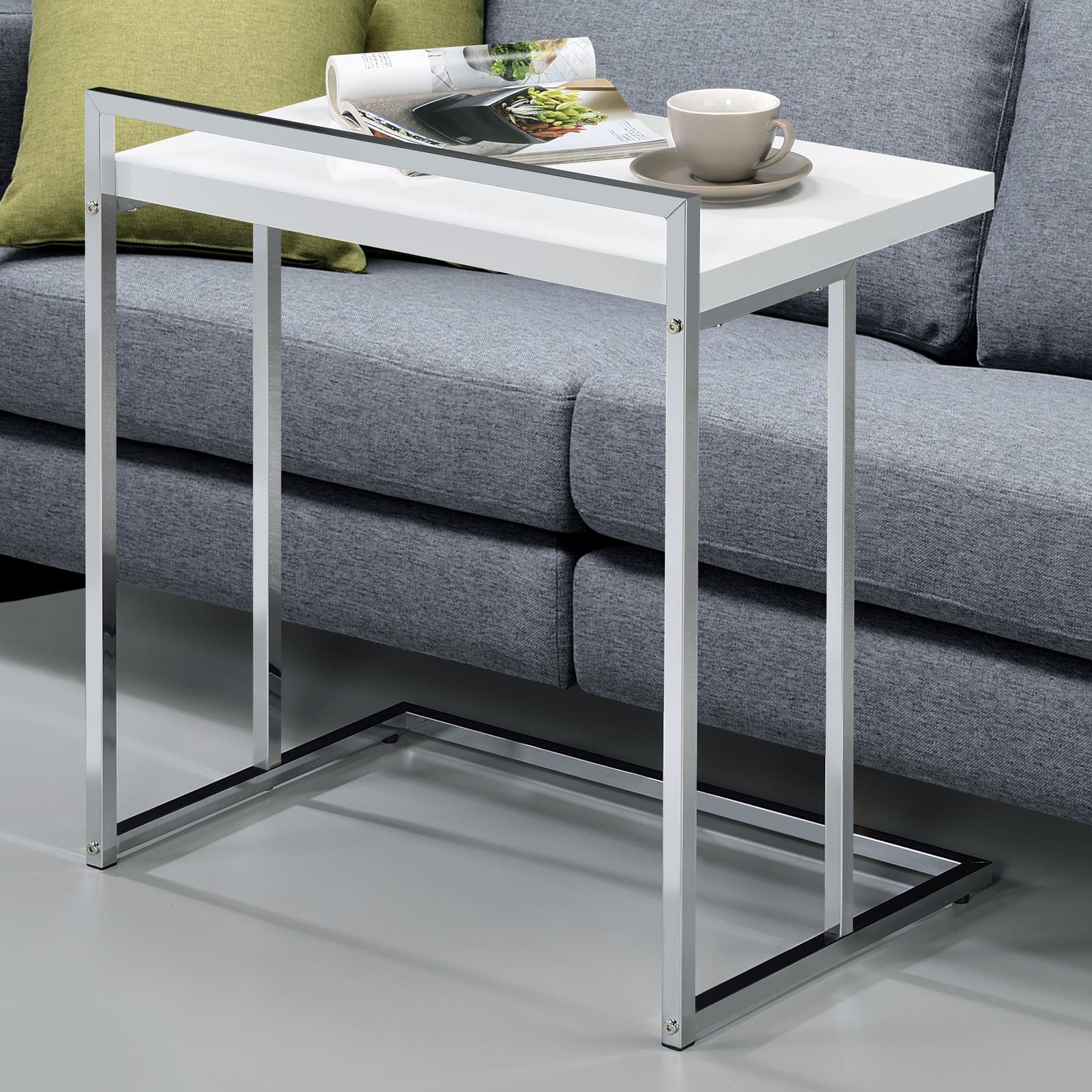 Sleek white Ctable with chrome legs perfect for sofa side use