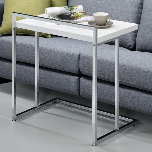 Sleek white Ctable with chrome legs perfect for sofa side use