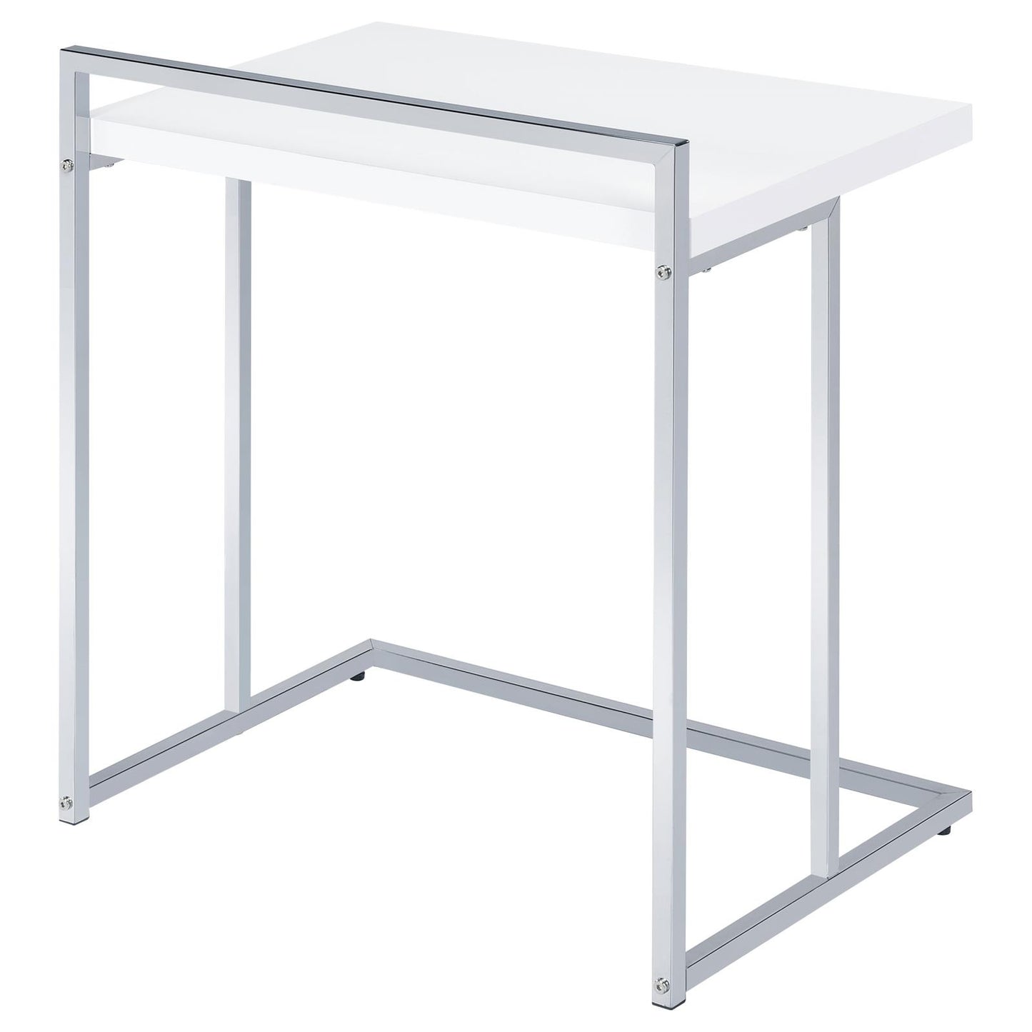 Sleek white Ctable with polished chrome frame perfect for modern living rooms