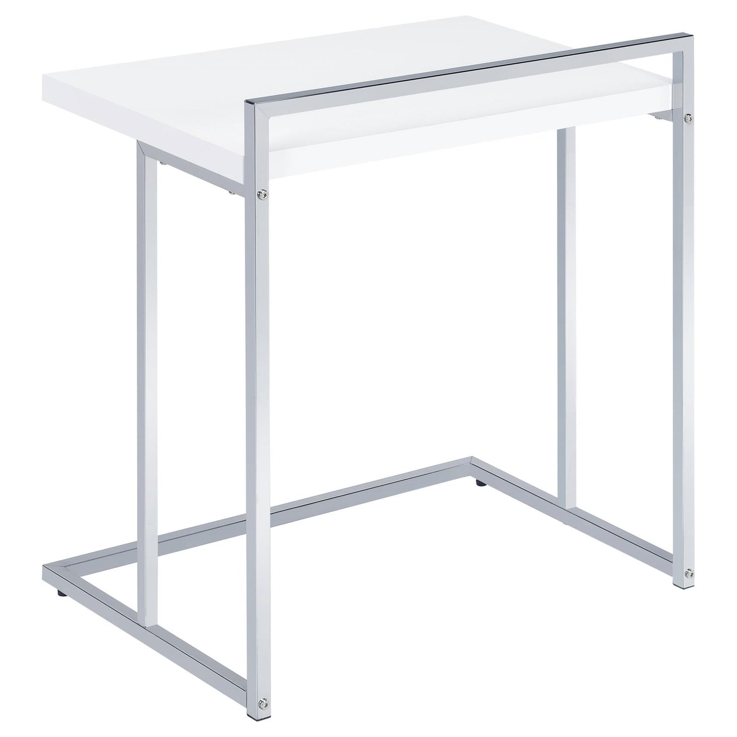 White laminate side table with a sleek chrome frame perfect for modern living rooms