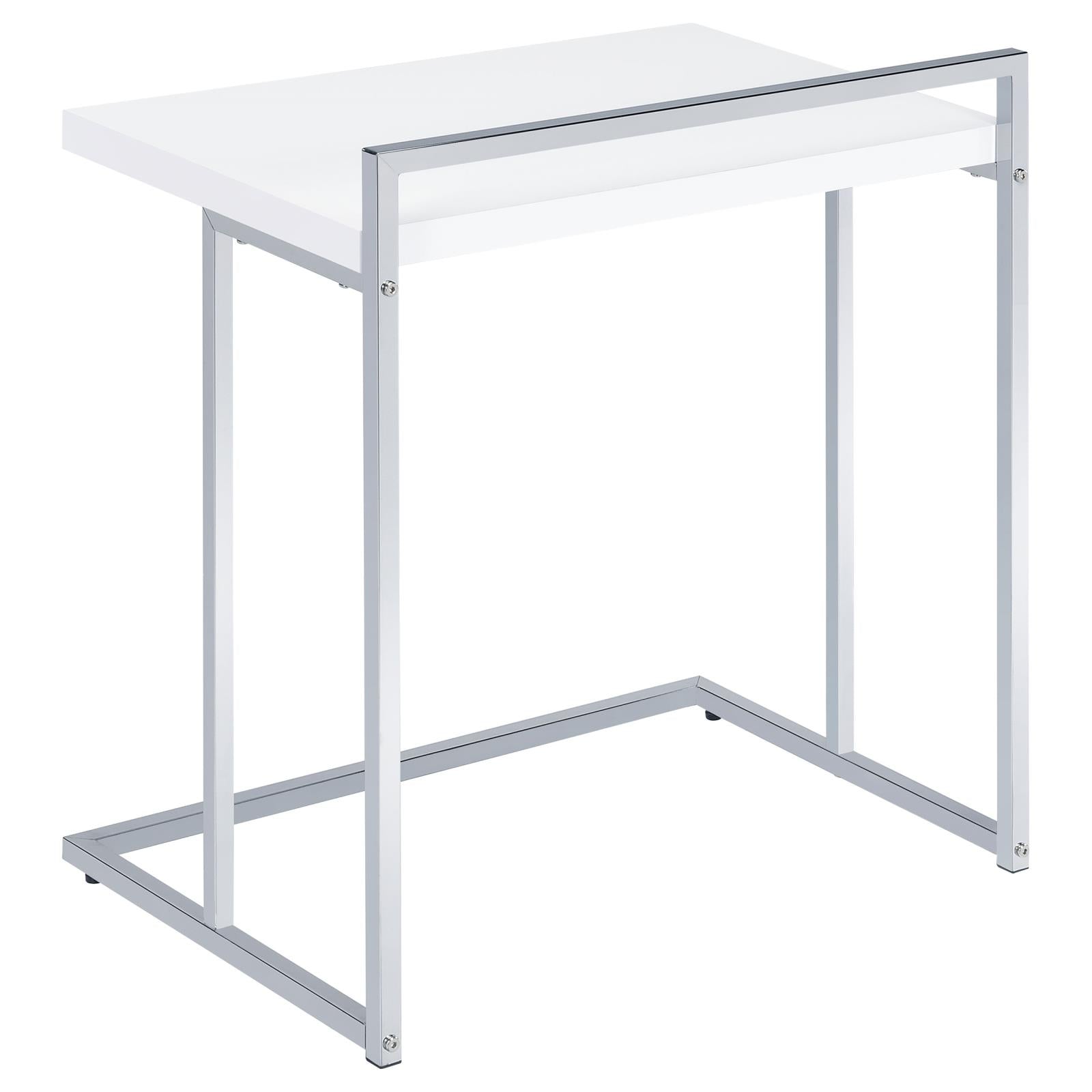 White laminate side table with a sleek chrome frame perfect for modern living rooms