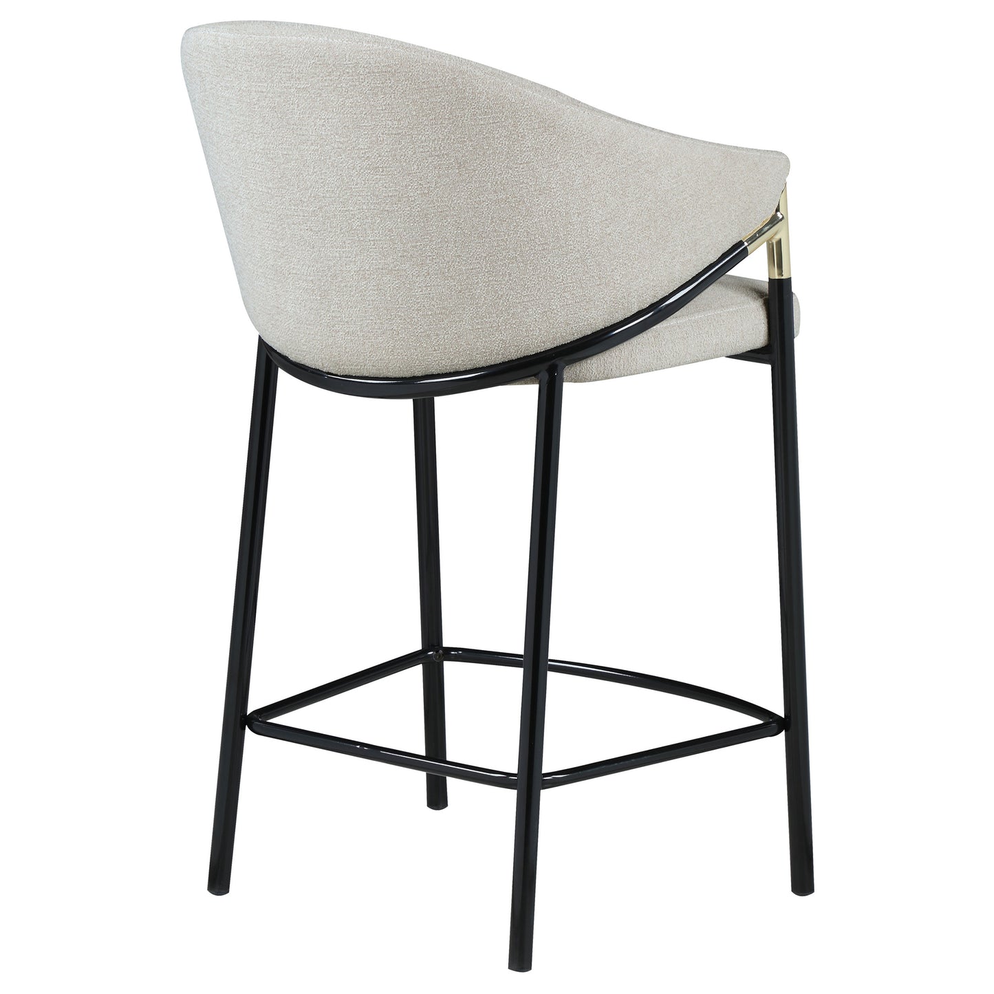 Light beige textured fabric counter stool with black metal legs and gold accents