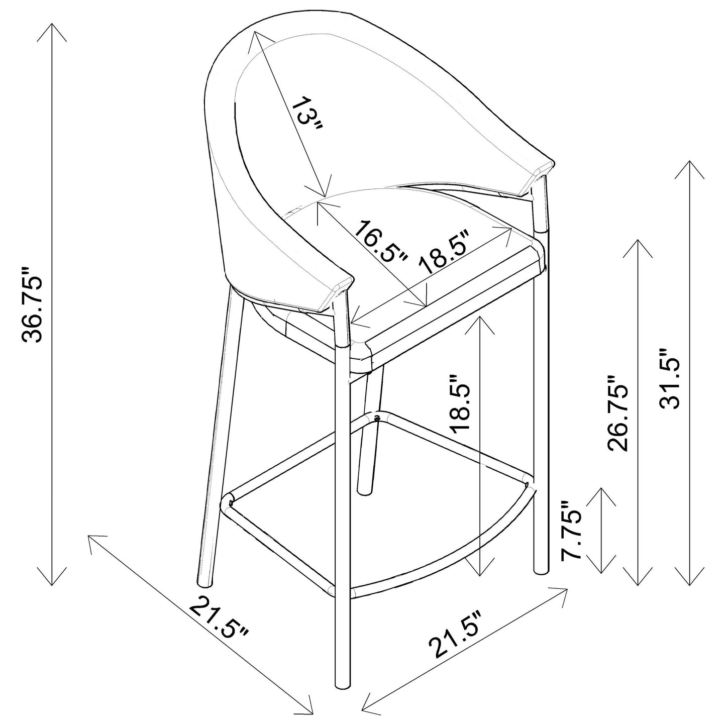 Line drawing of a curved back bar stool with metal legs and seat dimensions shown