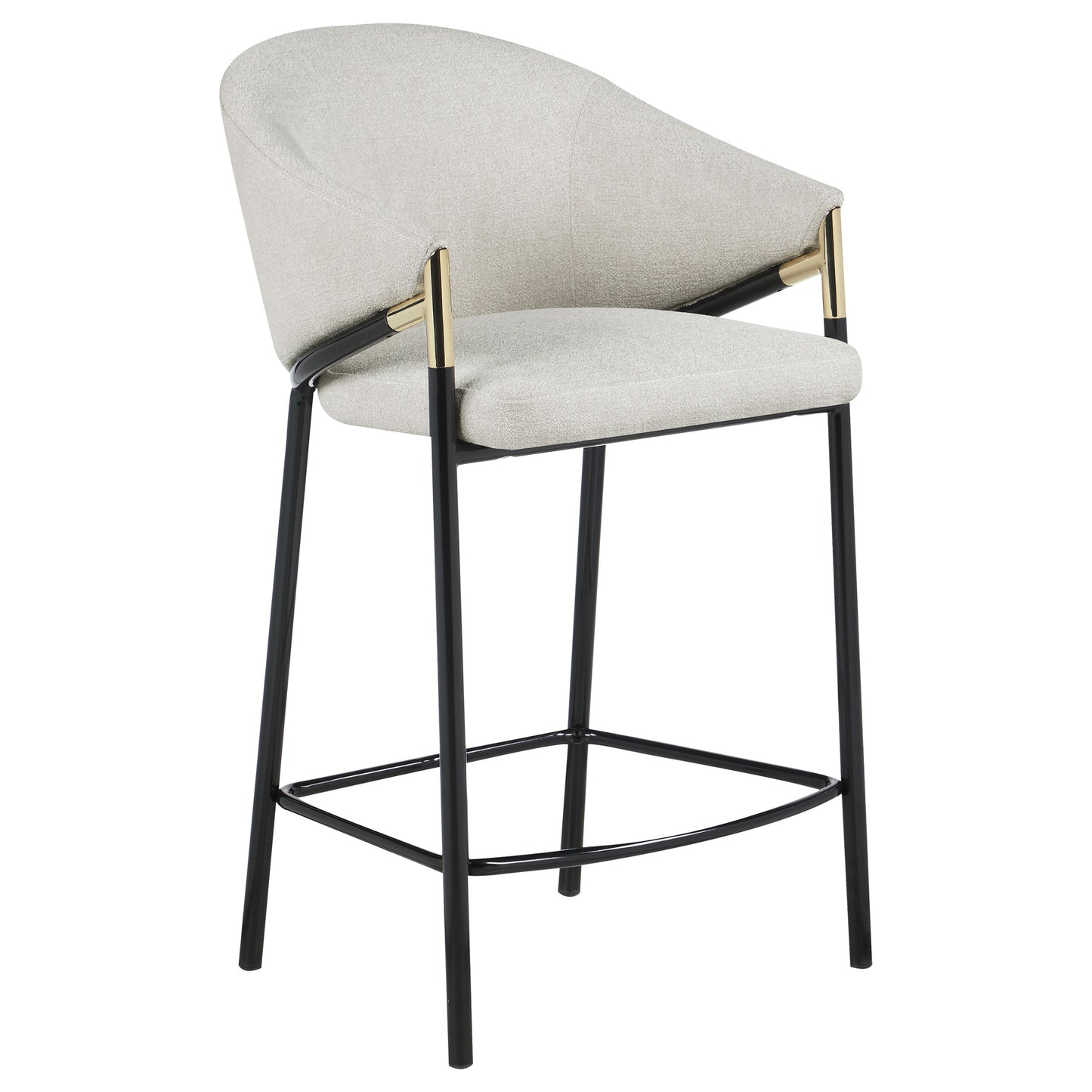 Modern fabric counter stool with black metal legs and gold accents ideal for kitchen islands