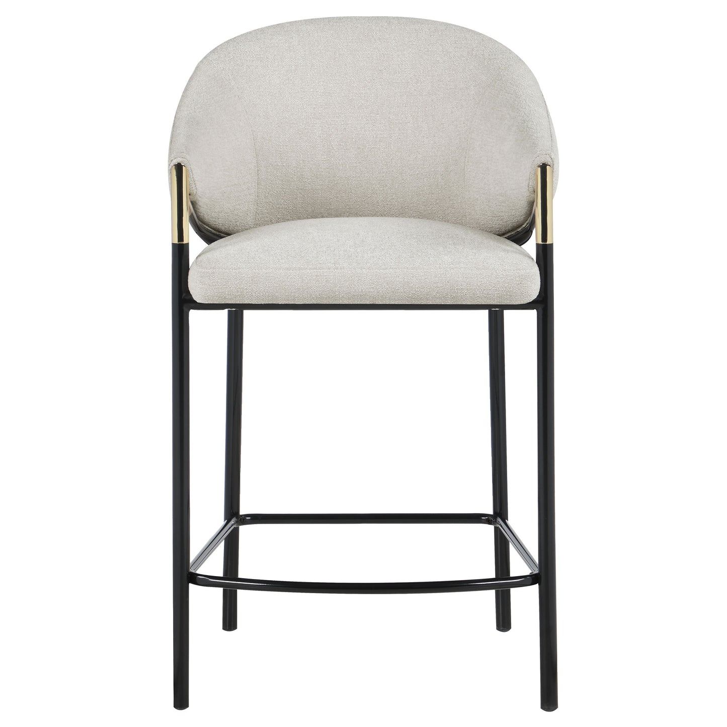 Modern beige fabric counter stool with black metal legs and gold accents