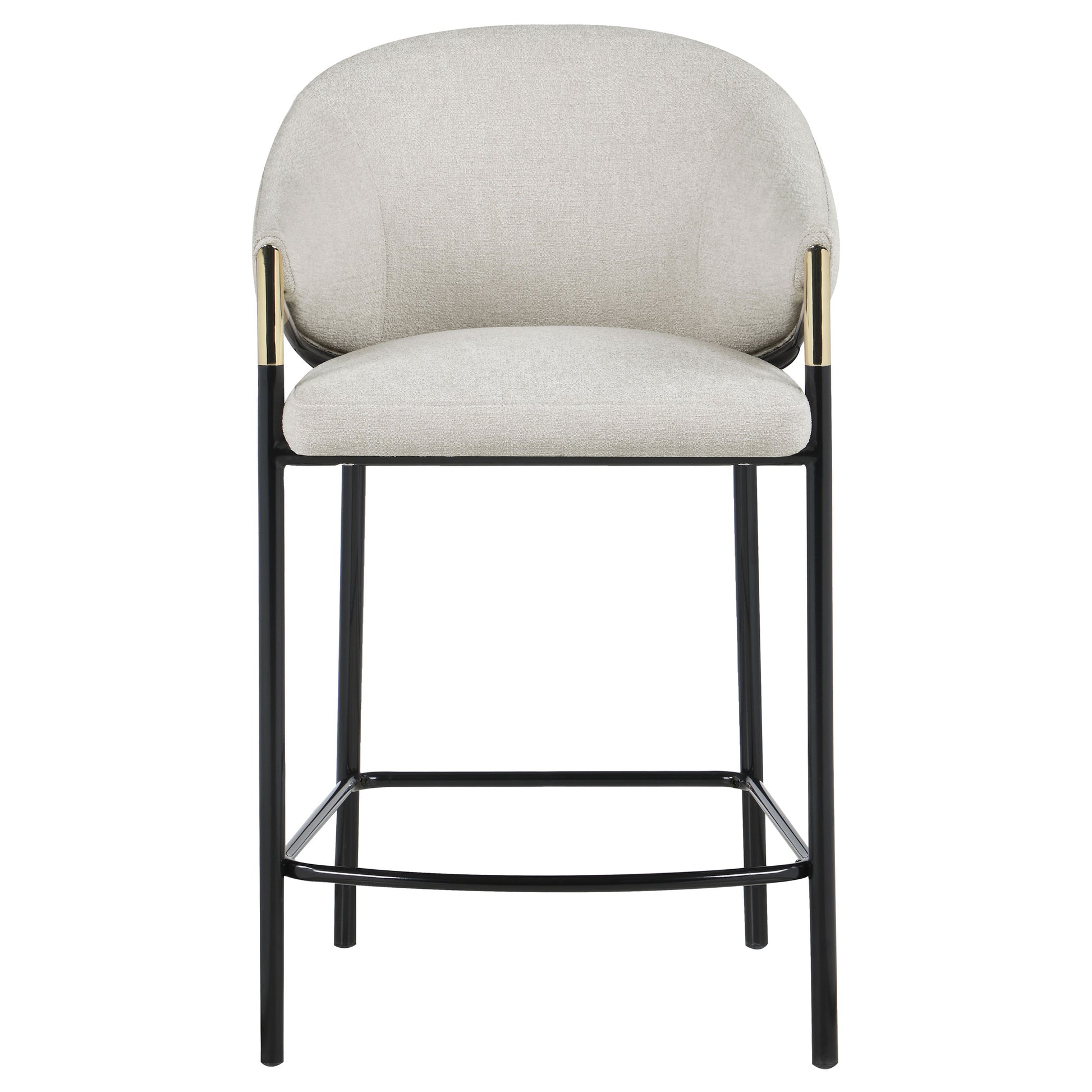 Modern beige fabric counter stool with black metal legs and gold accents