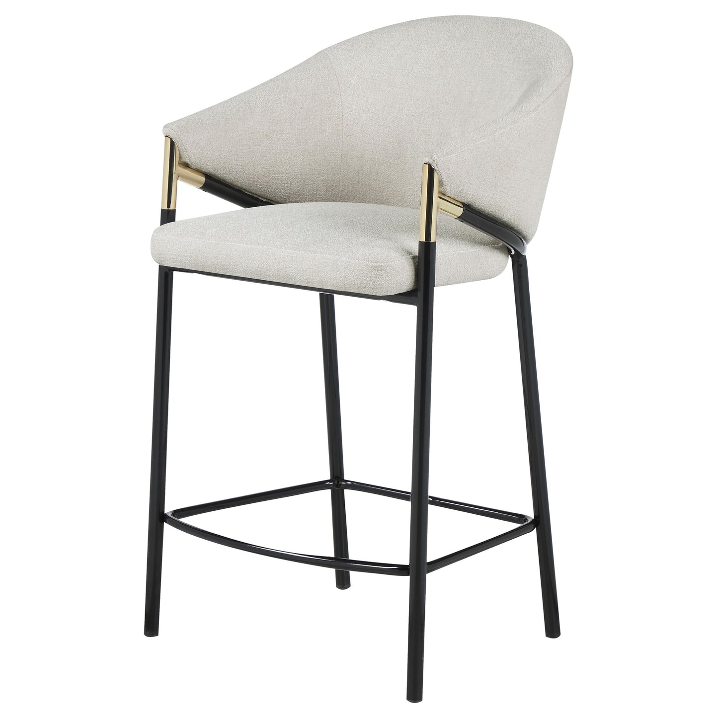 Modern beige upholstered bar stool with gold and black metal accents perfect for contemporary kitchens