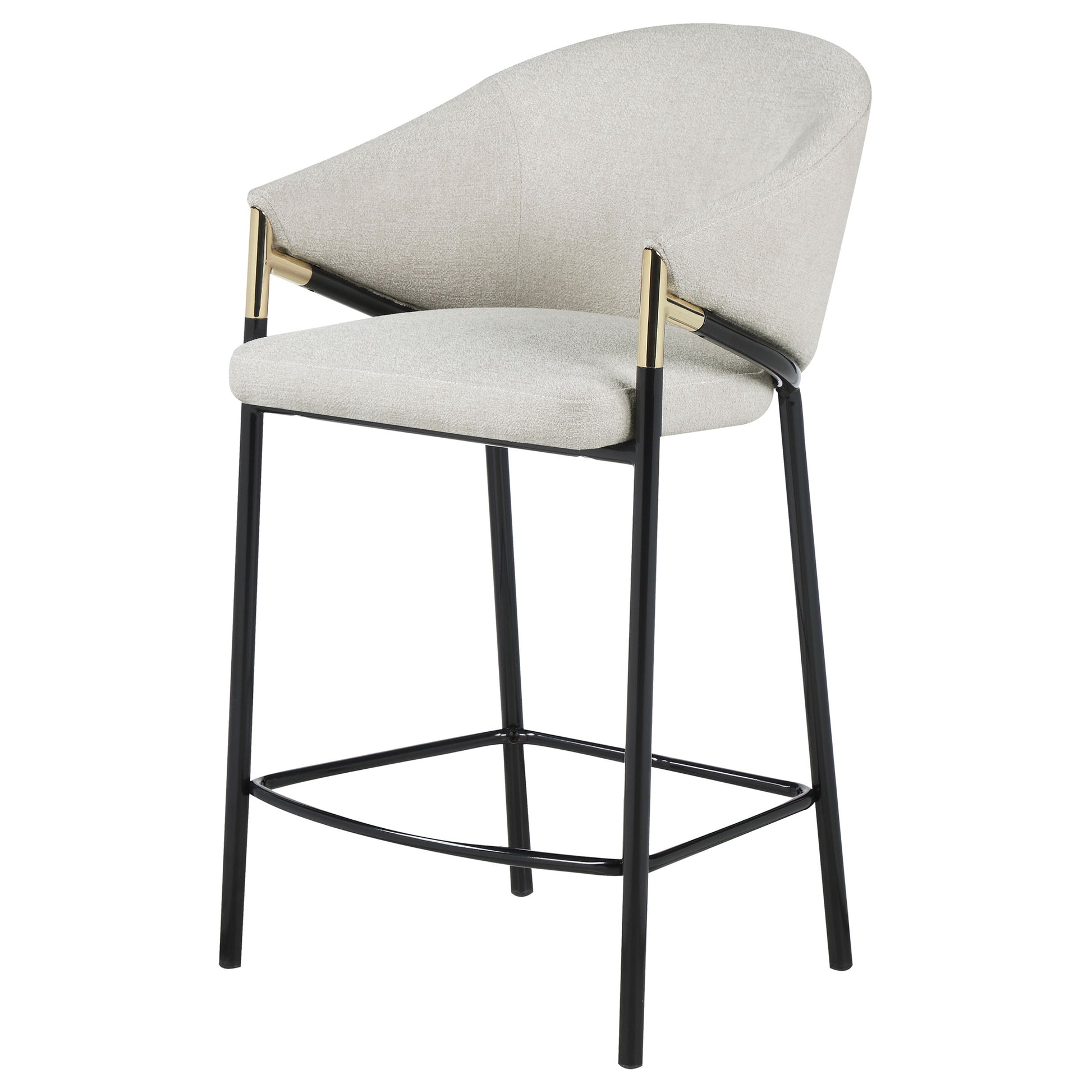Modern beige upholstered bar stool with gold and black metal accents perfect for contemporary kitchens