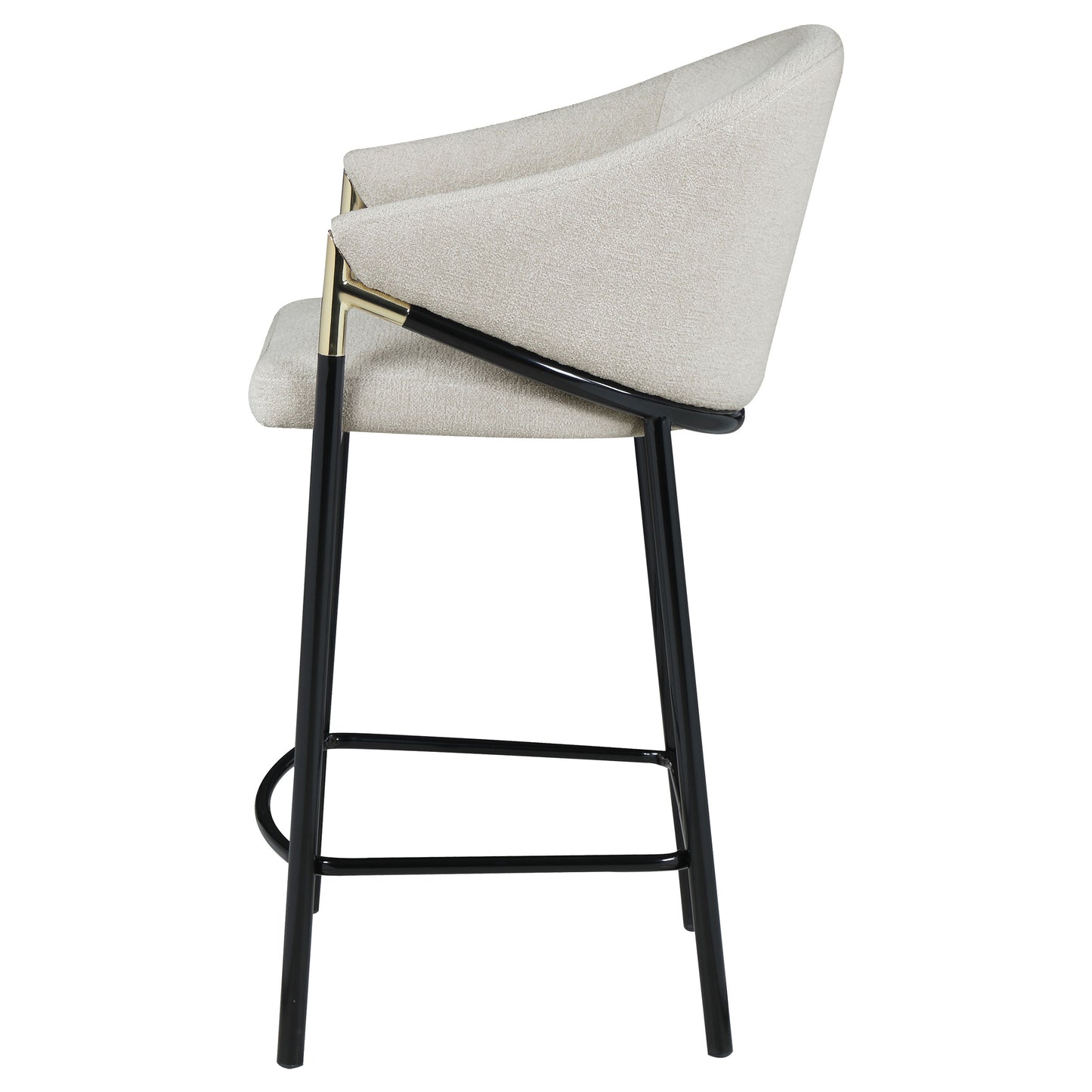 Modern upholstered bar stool with gold accents and black metal legs