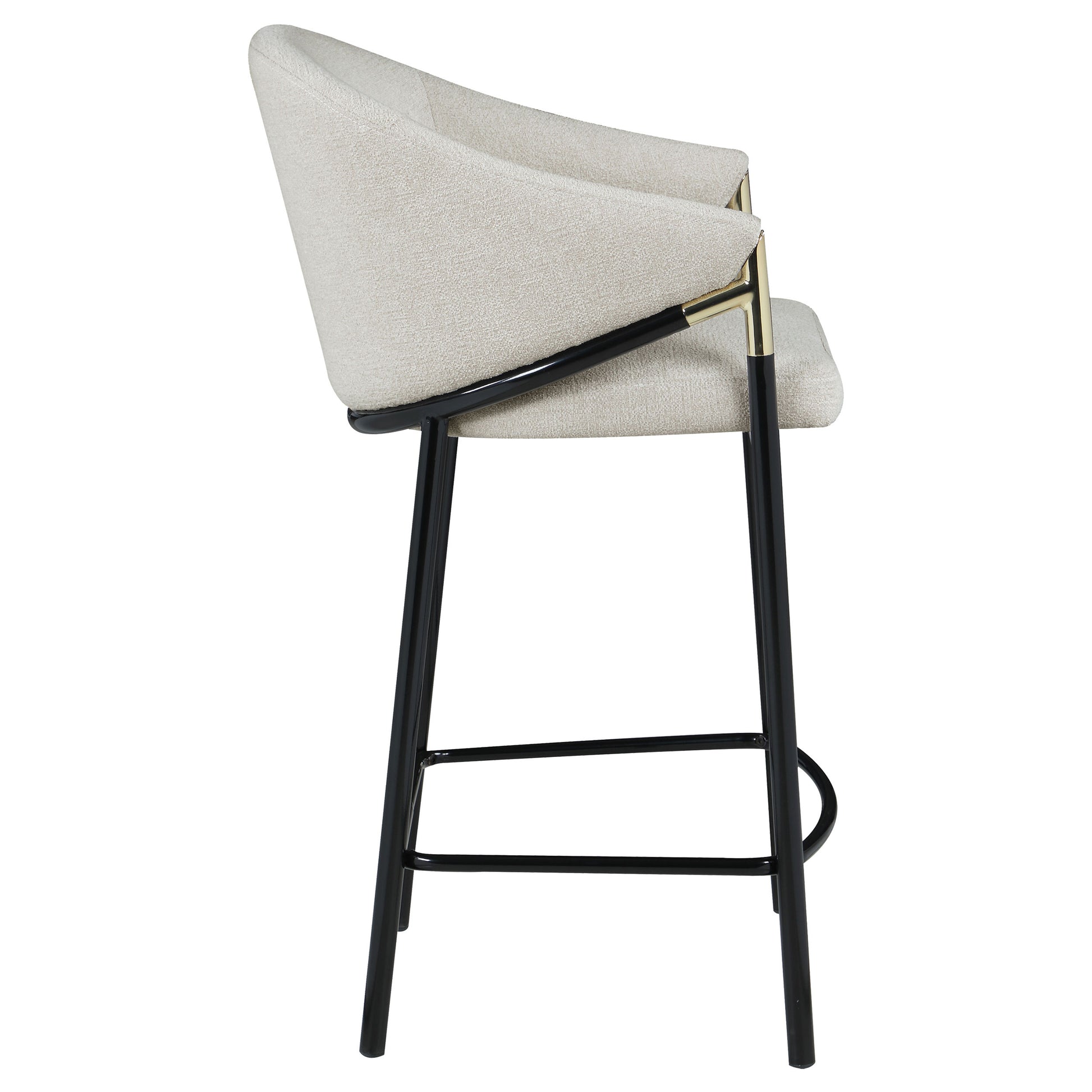 Modern light beige upholstered bar stool with black metal frame and gold accents