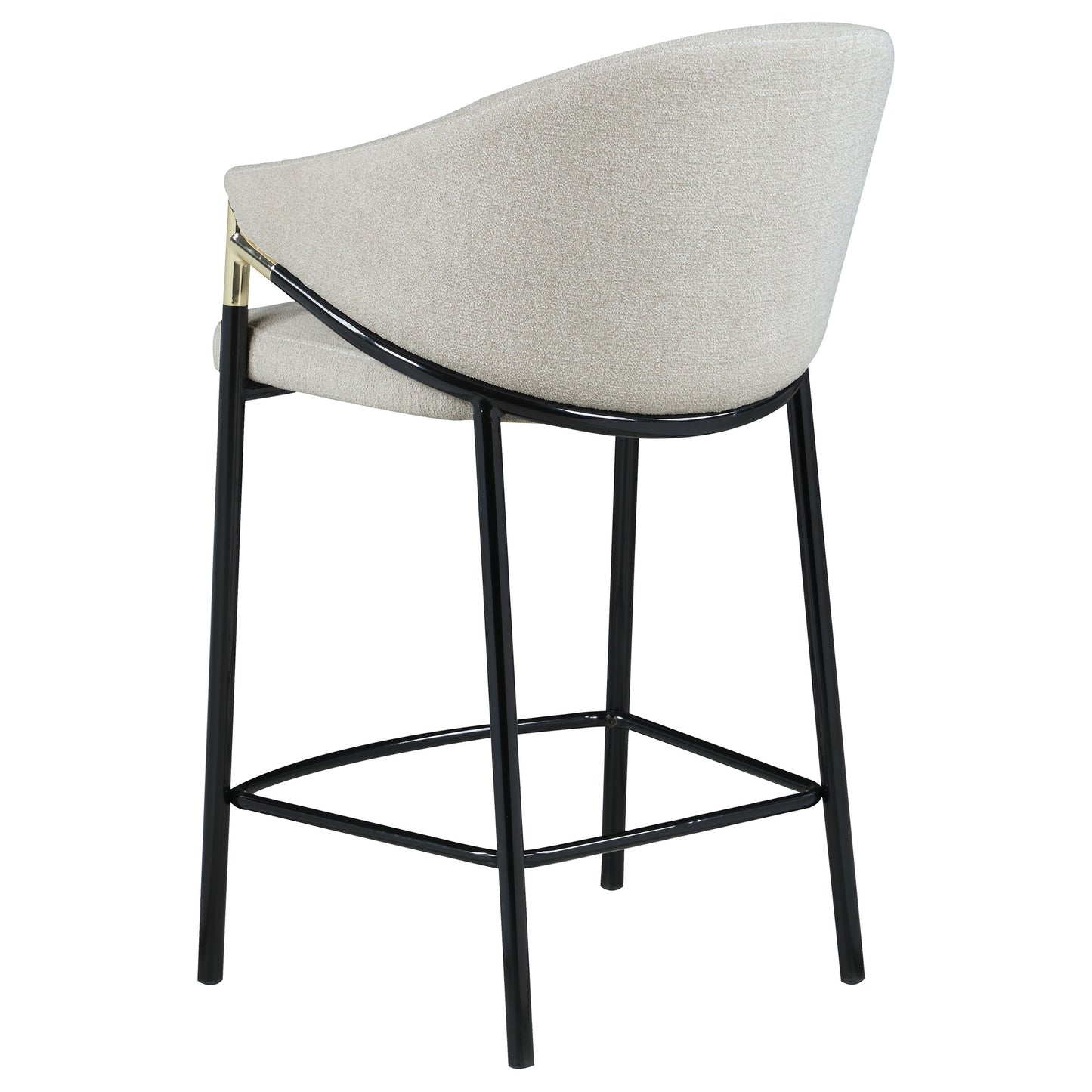 Textured cream fabric counter stool with black metal legs and gold accents