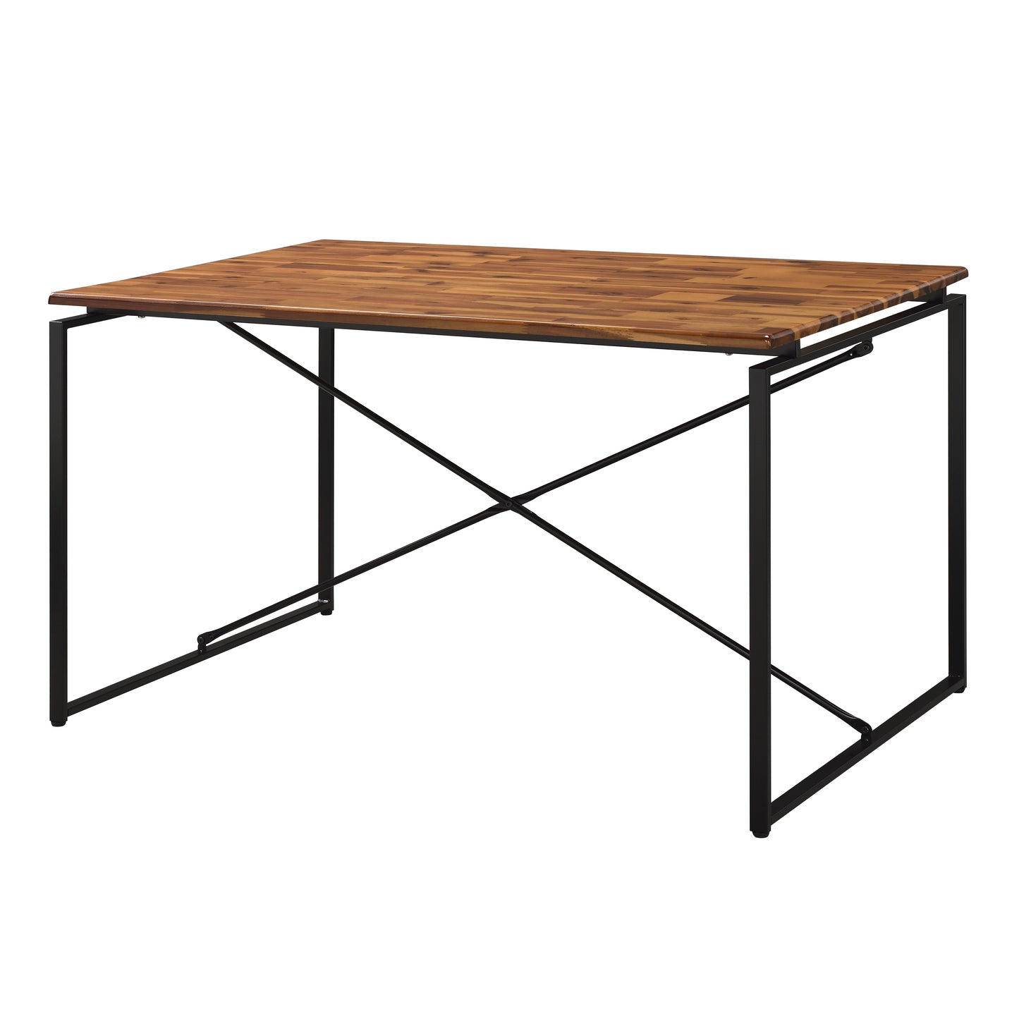 Acacia wood dining table with modern black metal frame seats four