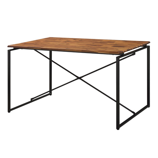 Acacia wood dining table with modern black metal frame seats four