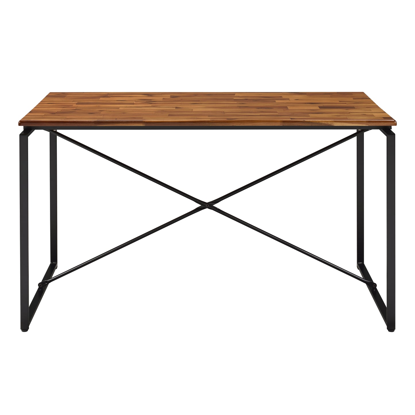 Natural wood dining table with sleek black metal legs and cross support