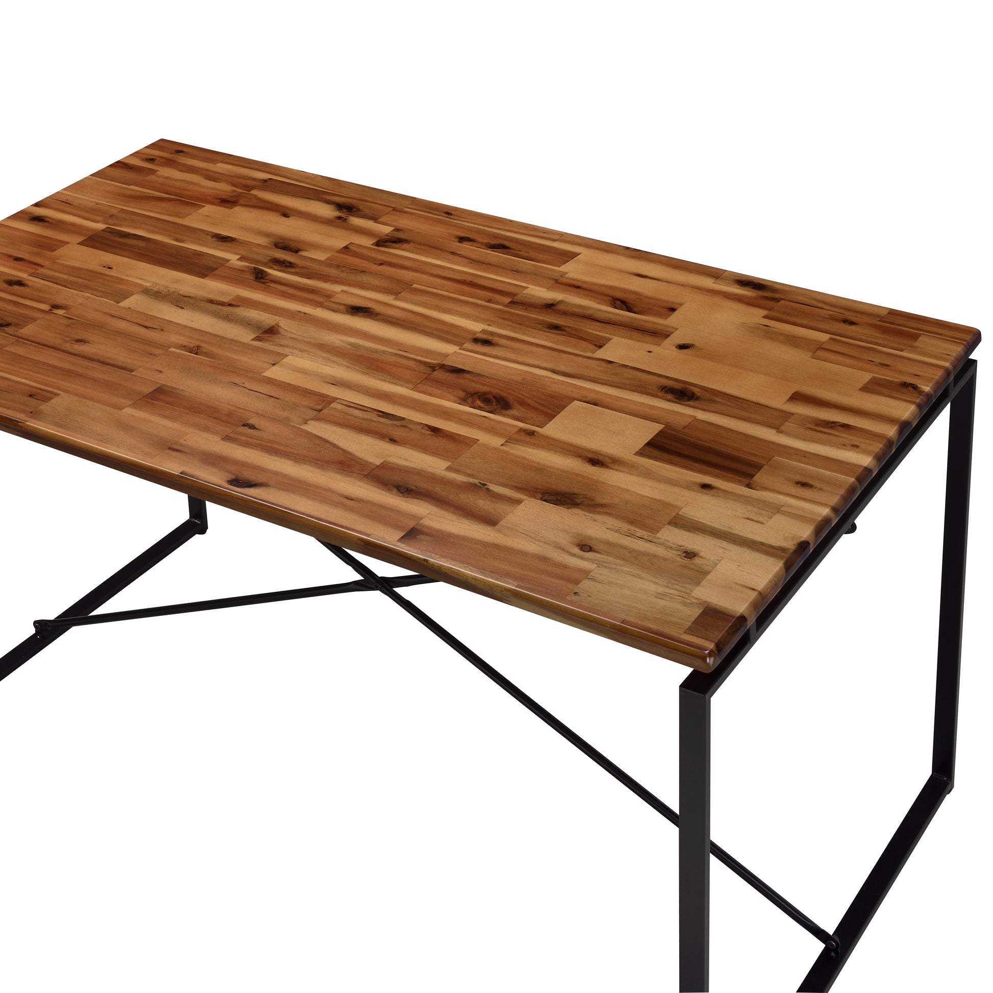 Acacia wood dining table with natural wood grain and black metal legs