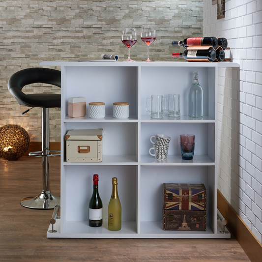Modern white bar cabinet with integrated wine rack and shelves