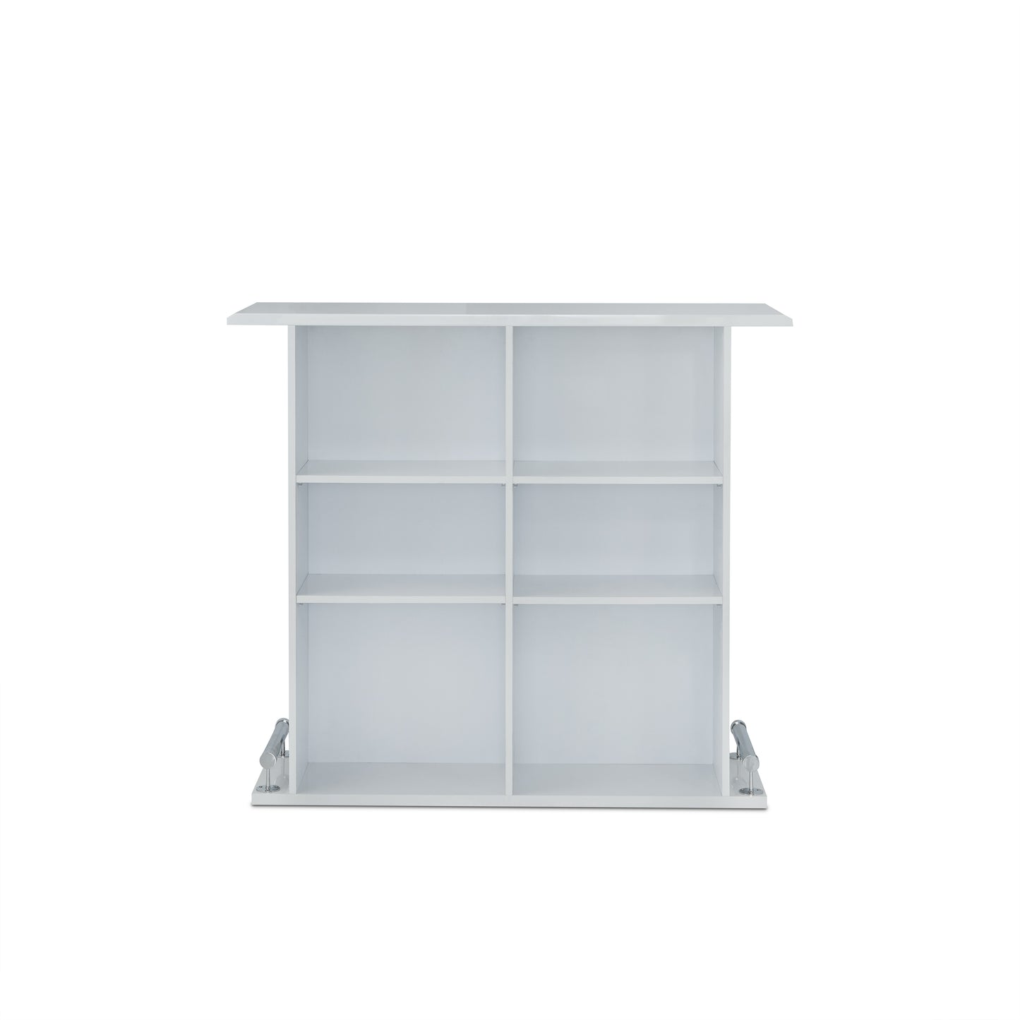 Modern white modular shelf unit with six open compartments for display