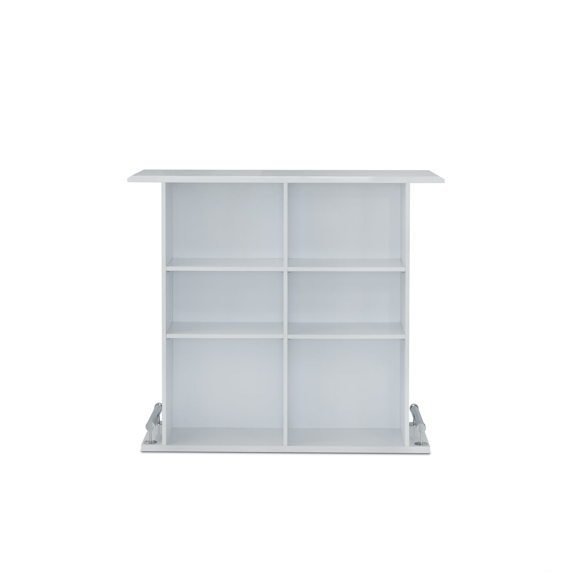 Modern white modular shelf unit with six open compartments for display