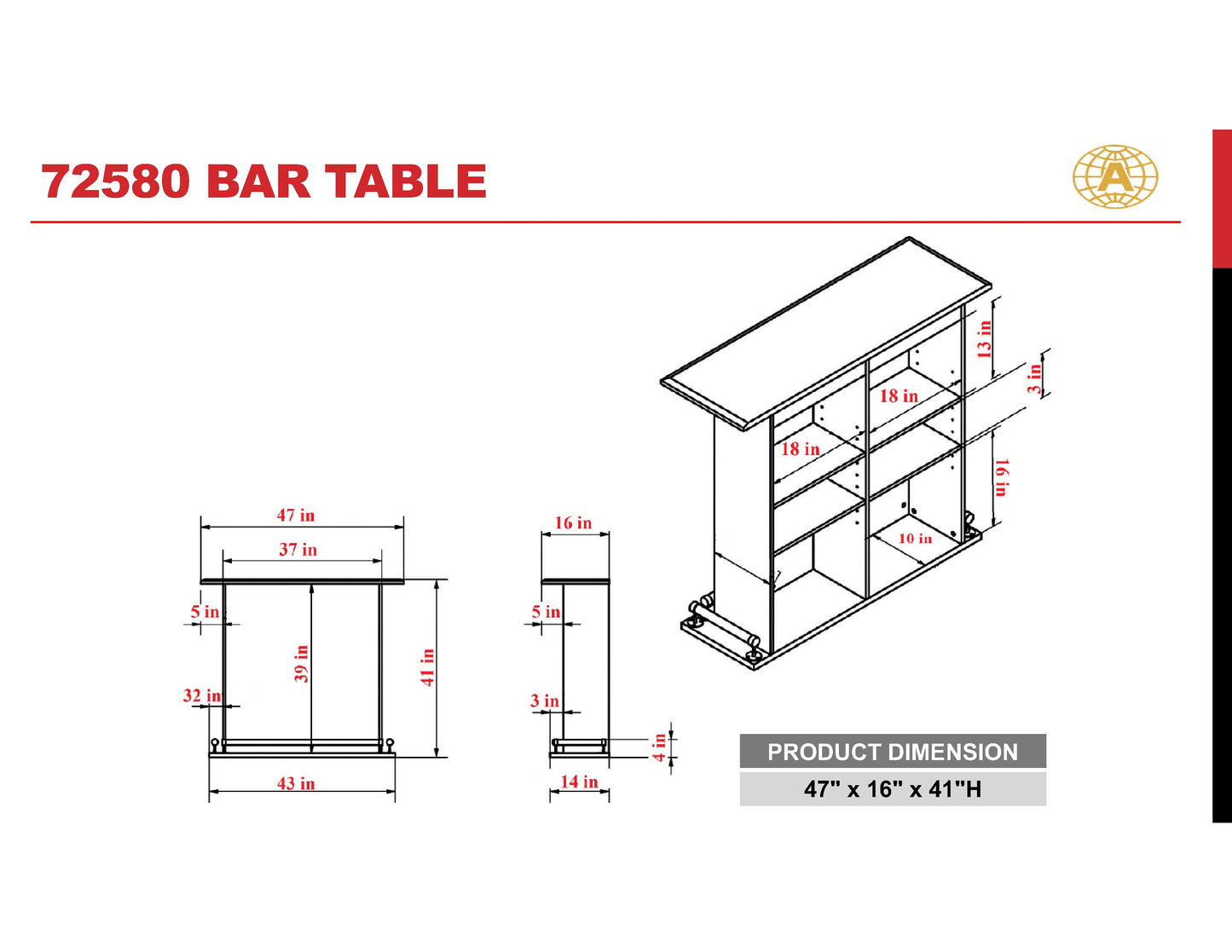 Diagram of a bar table with dimensions labeled showcasing storage shelves and overall size