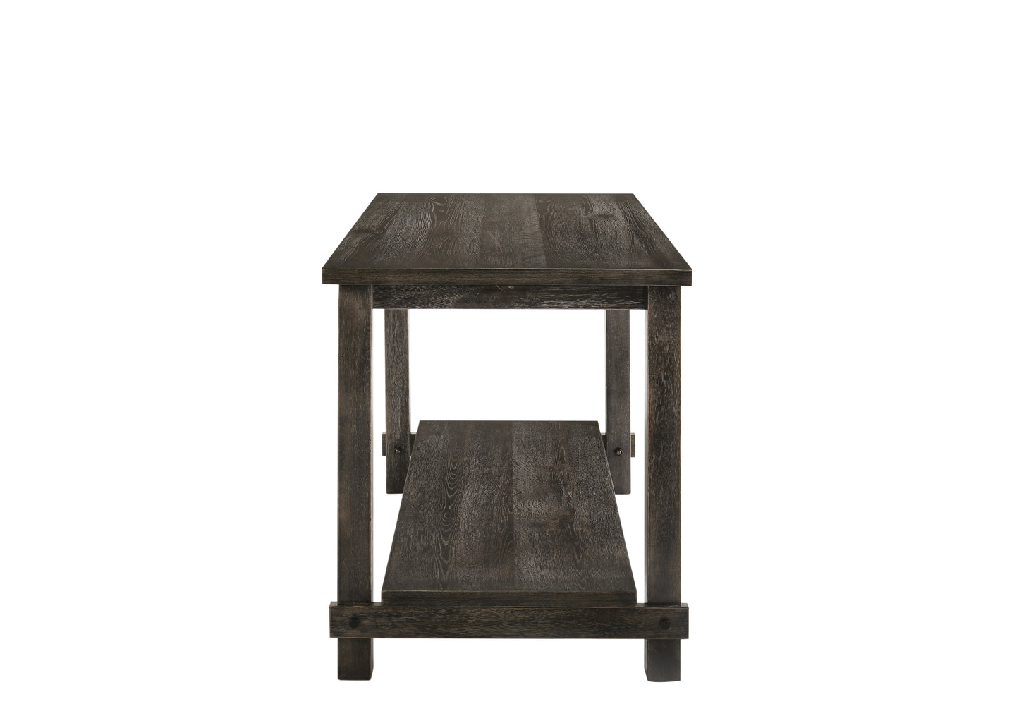 Dark oak wood console table with two shelves perfect for living room display