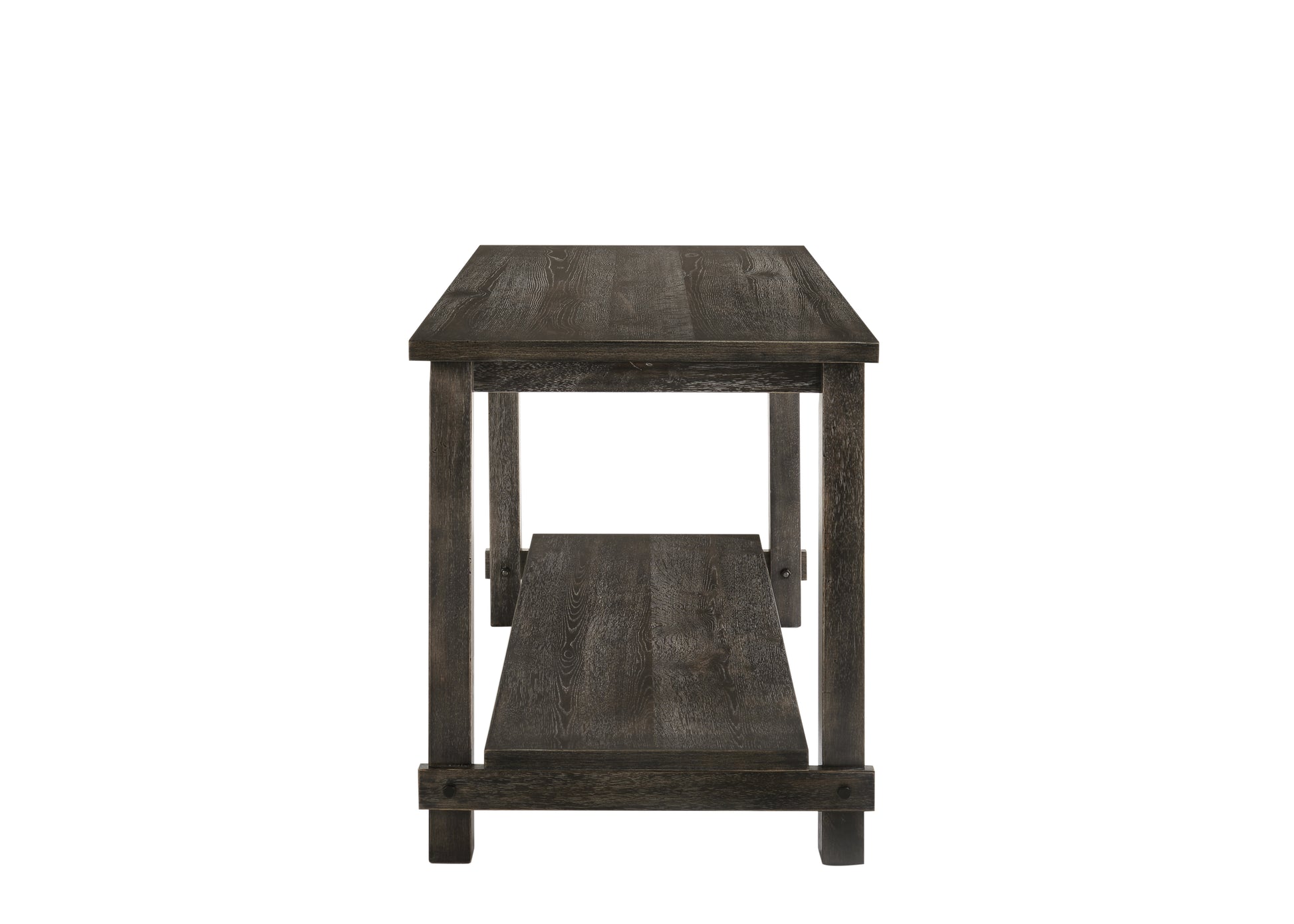 Dark oak wood console table with two shelves perfect for living room display