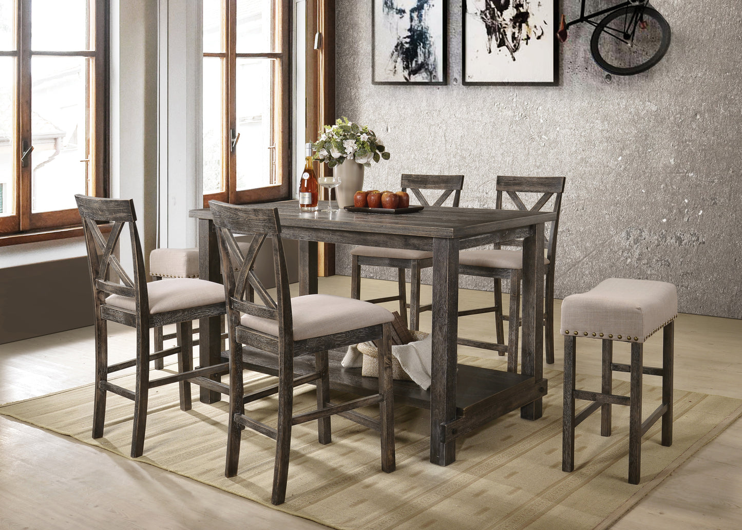 Dark oak wood bar stools with beige upholstered seats and nailhead trim