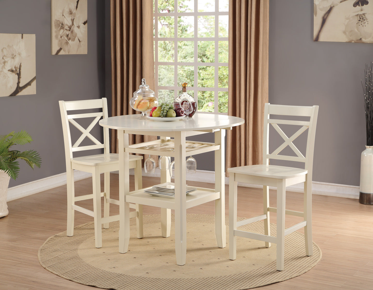 White round bar table and two stools with builtin wine glass holders