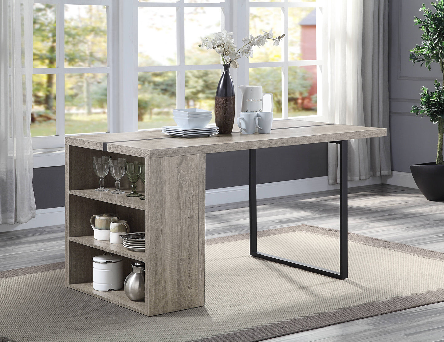 Modern wood tone dining table with open shelving and metal legs ideal for small spaces