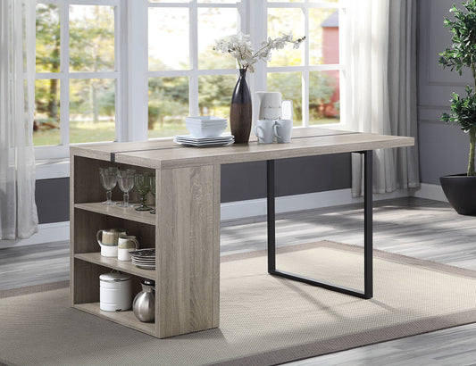 Modern wood tone dining table with open shelving and metal legs ideal for small spaces