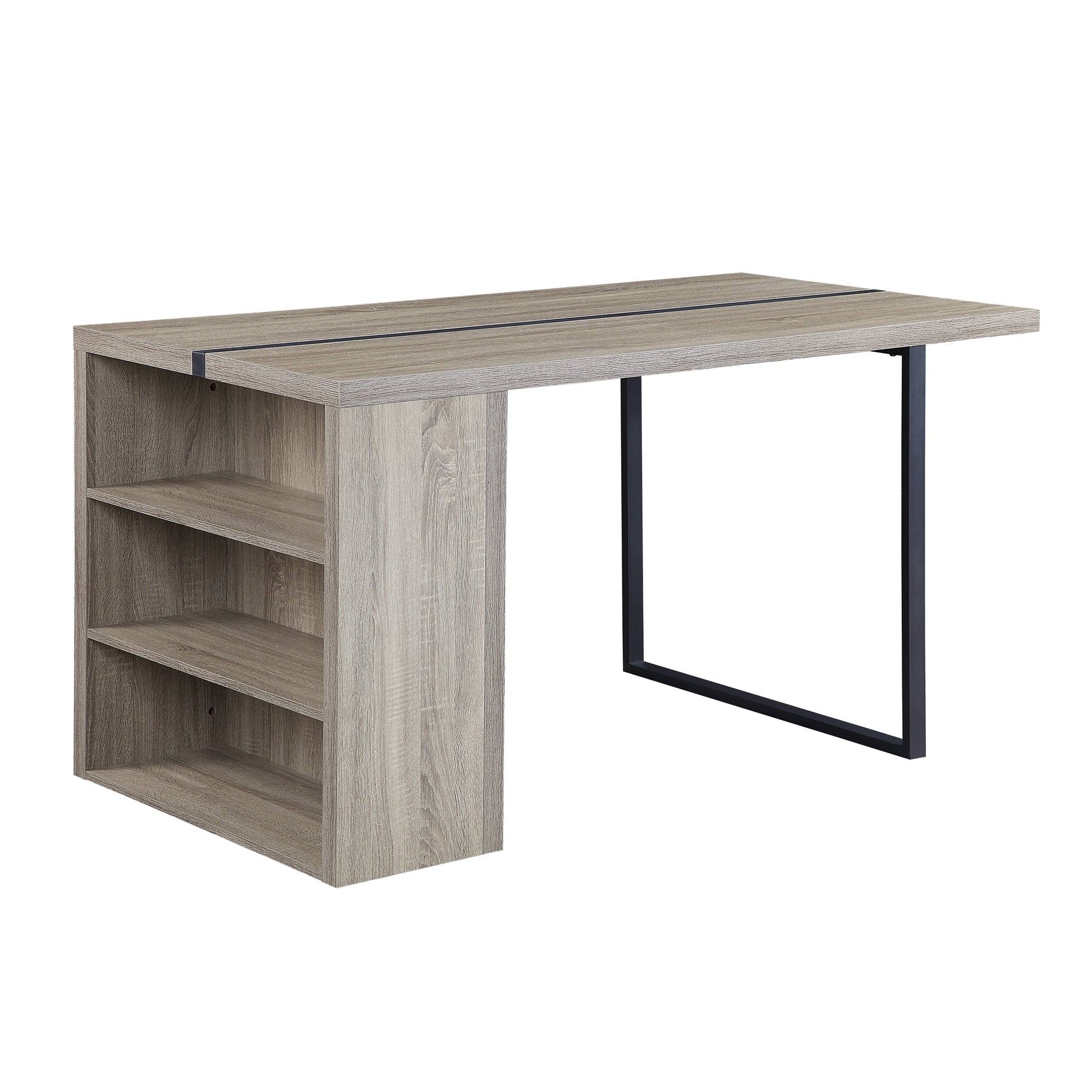 Modern gray wood desk with builtin shelving and black metal legs