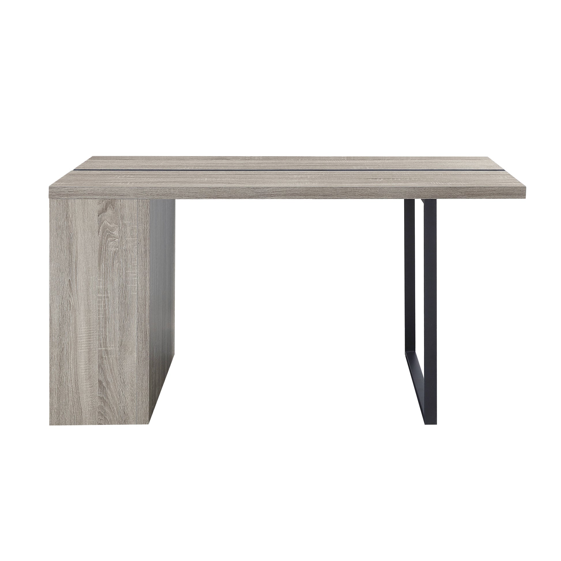 Modern grey wood desk with black metal legs featuring a subtle line detail on top surface