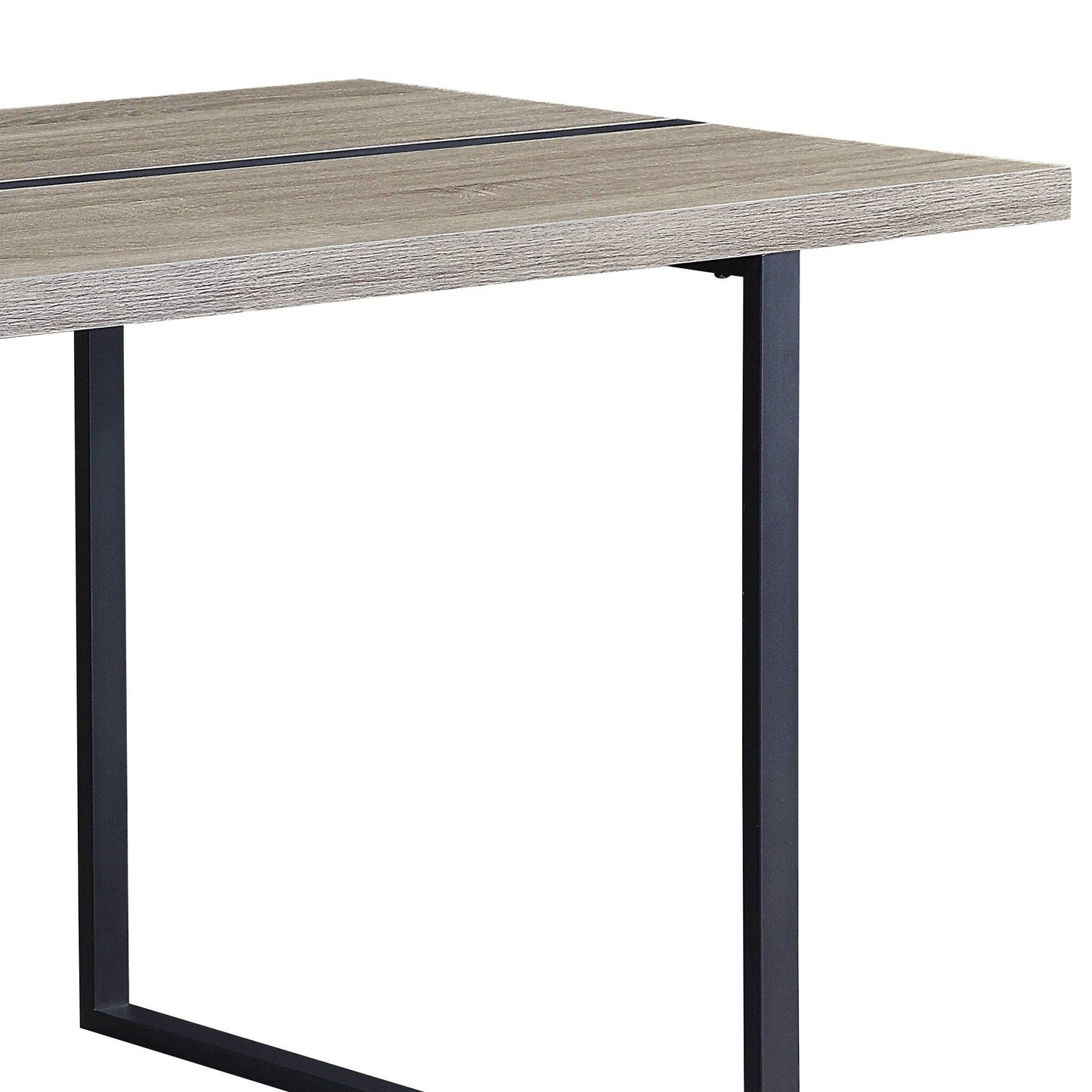 Weathered gray wood console table with black metal legs and a subtle linear inlay