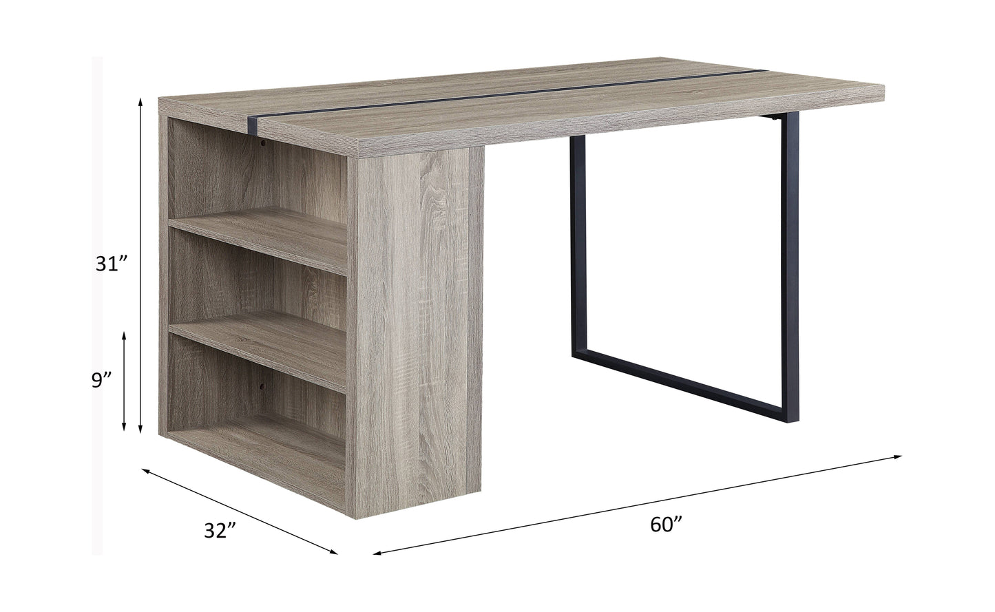 Rustic oak finish desk with three shelves and a black metal frame
