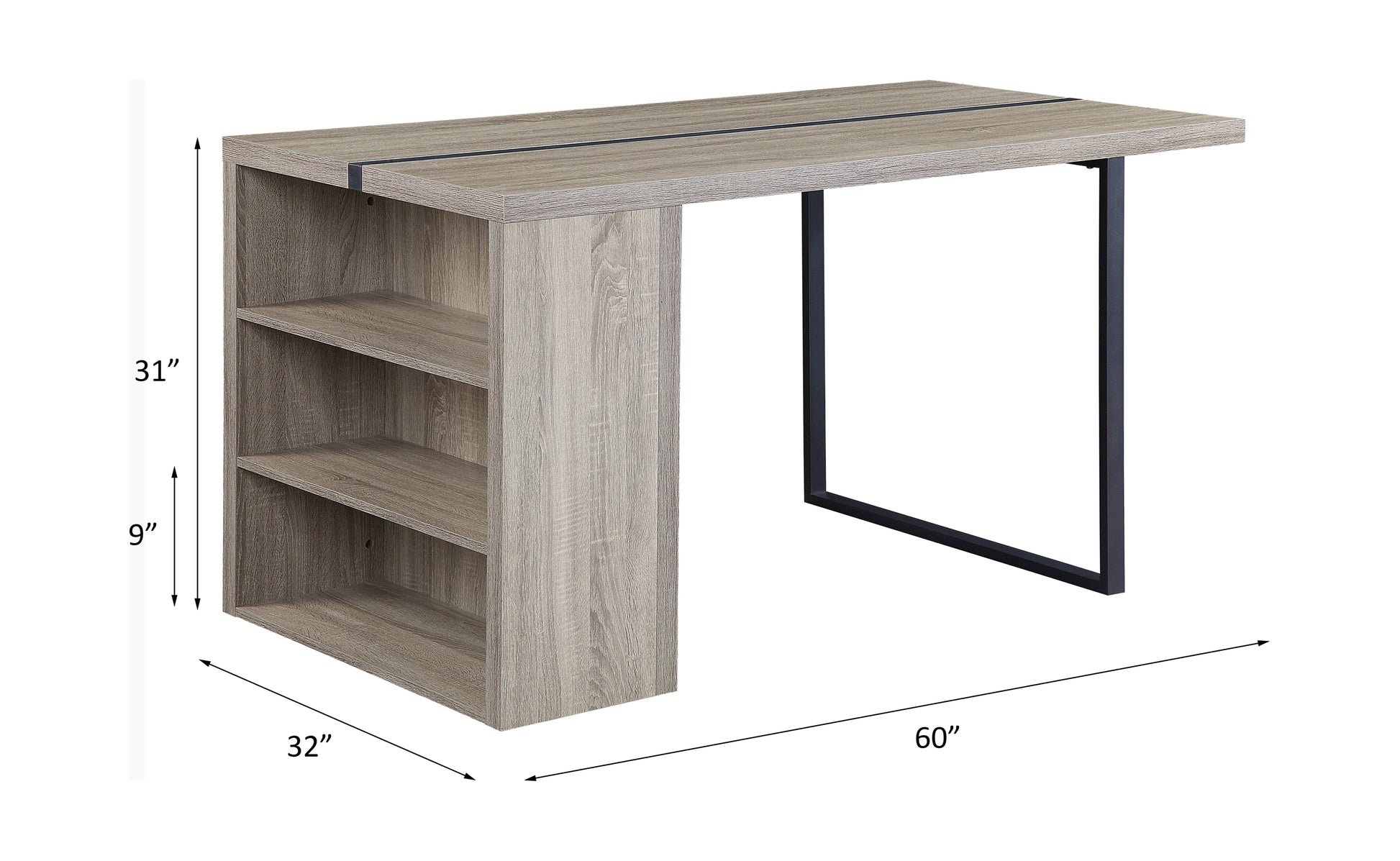 Rustic oak finish desk with three shelves and a black metal frame