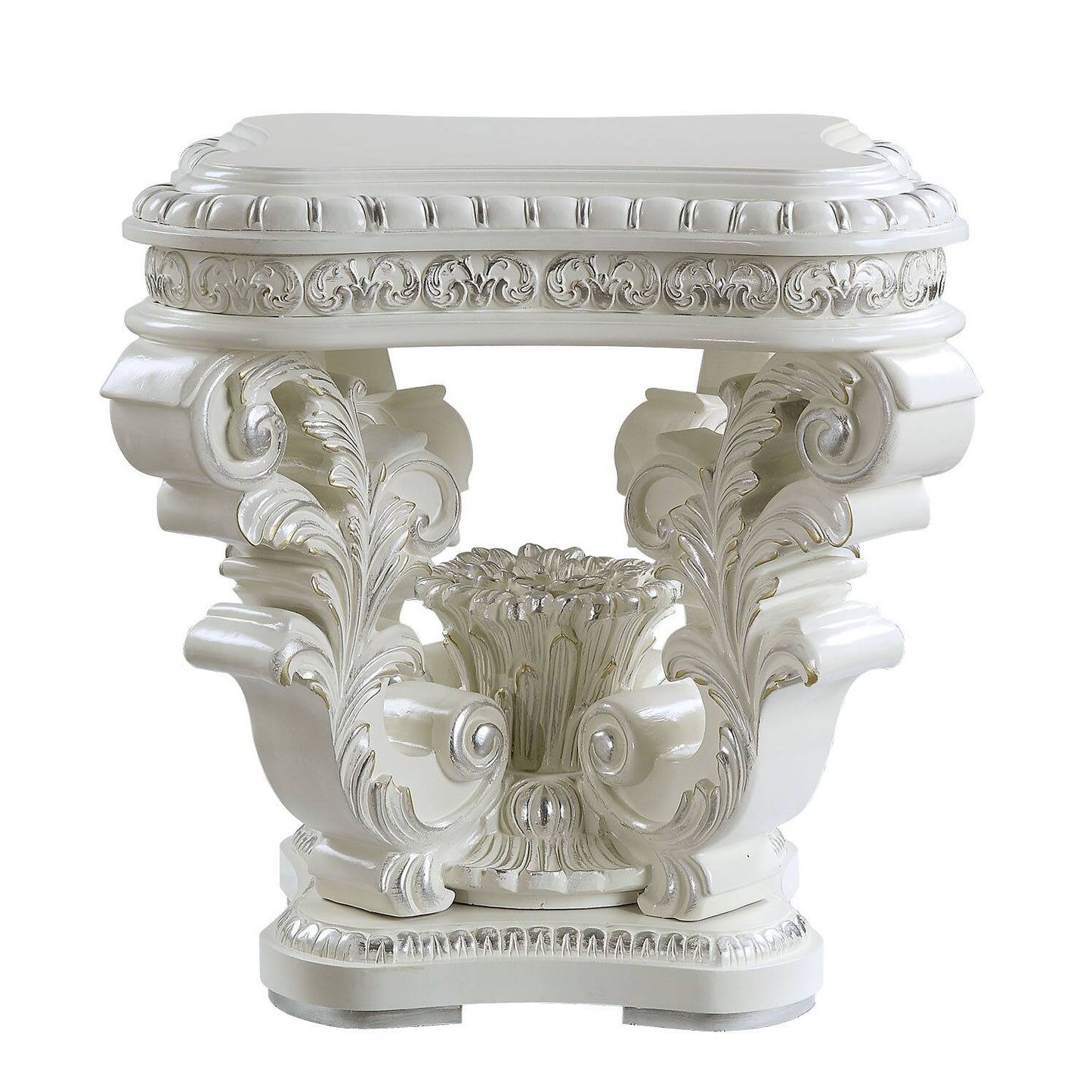 Ornate white console table with silver detailing and carved legs suitable for an entryway