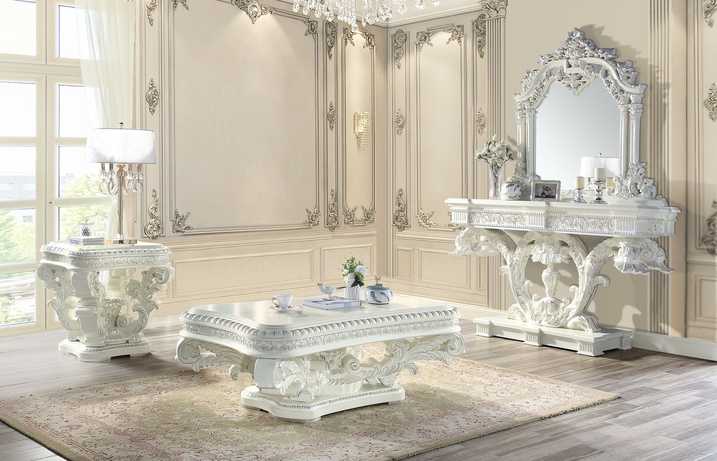Ornate white carved coffee table with intricate scrollwork and carved legs perfect for a luxury living room