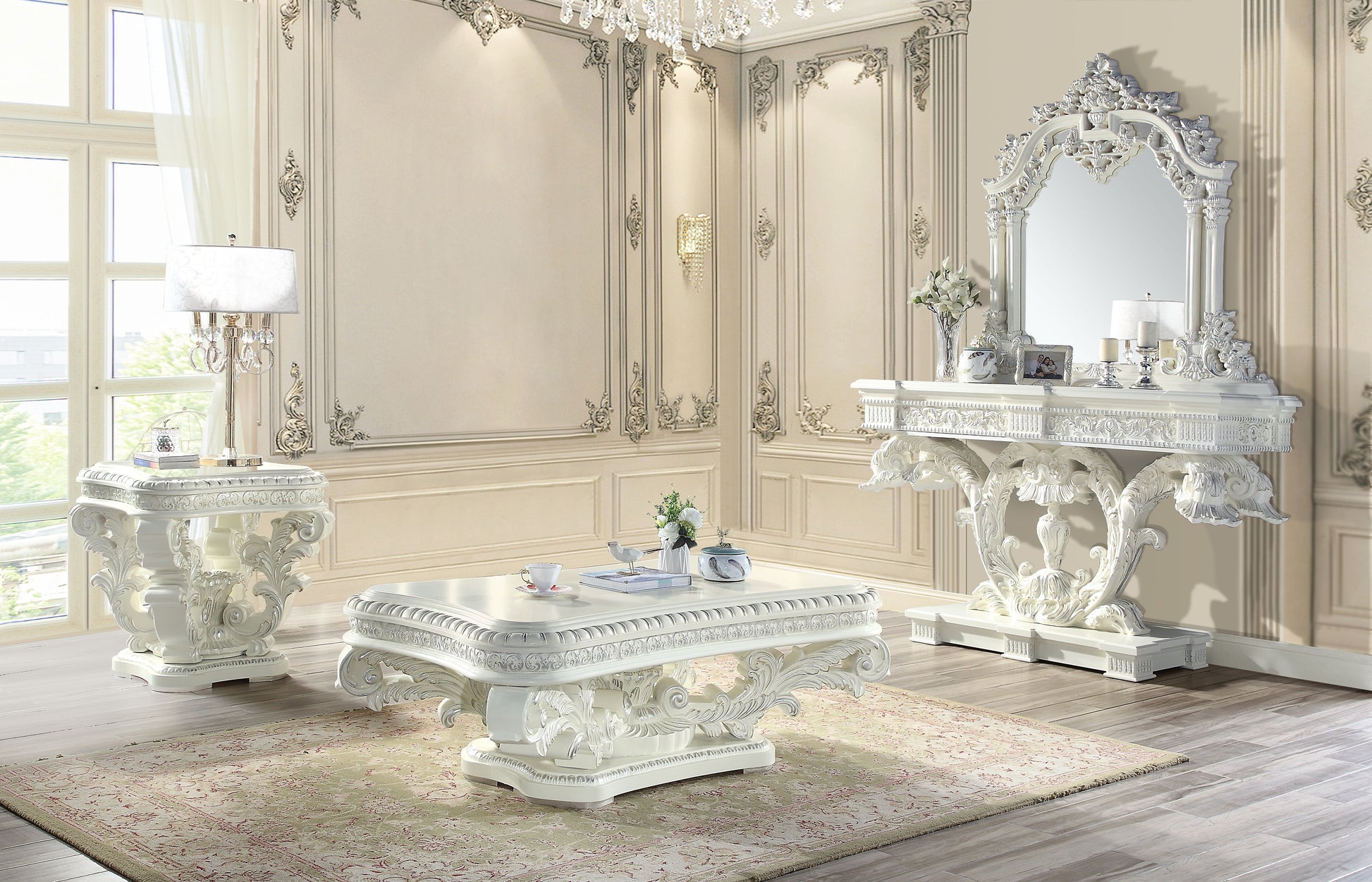 Ornate white carved coffee table with intricate scrollwork and carved legs perfect for a luxury living room