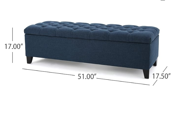 Navy blue tufted storage ottoman bench with dark wood legs  long