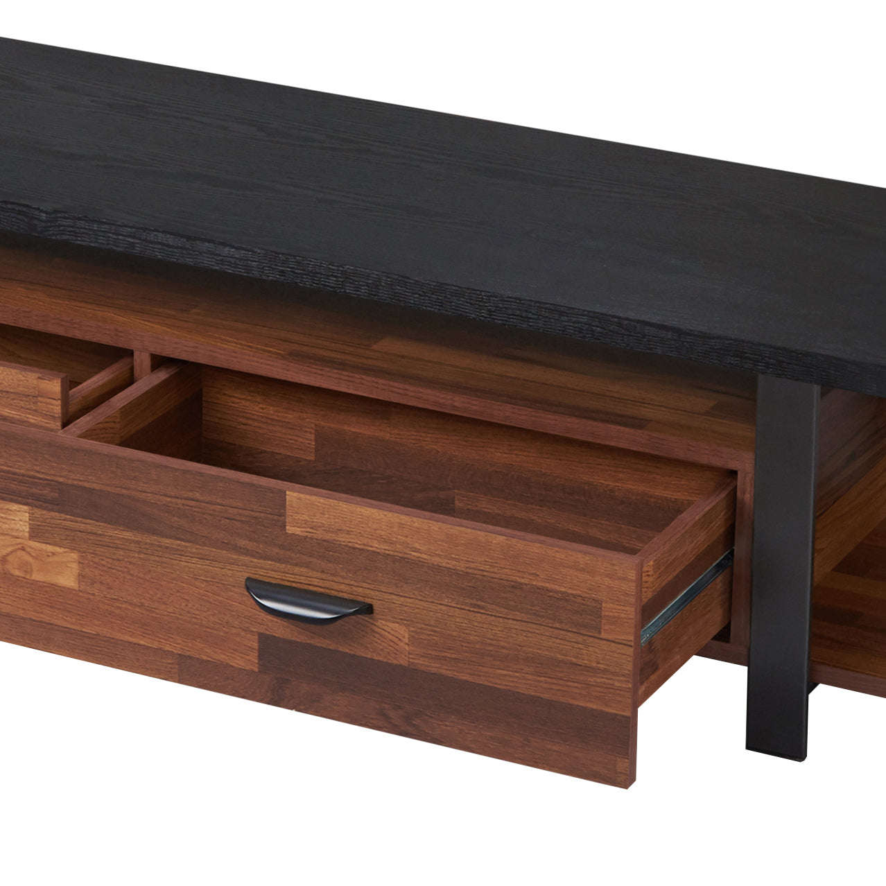Modern black and wood grain media console with open shelf and drawer