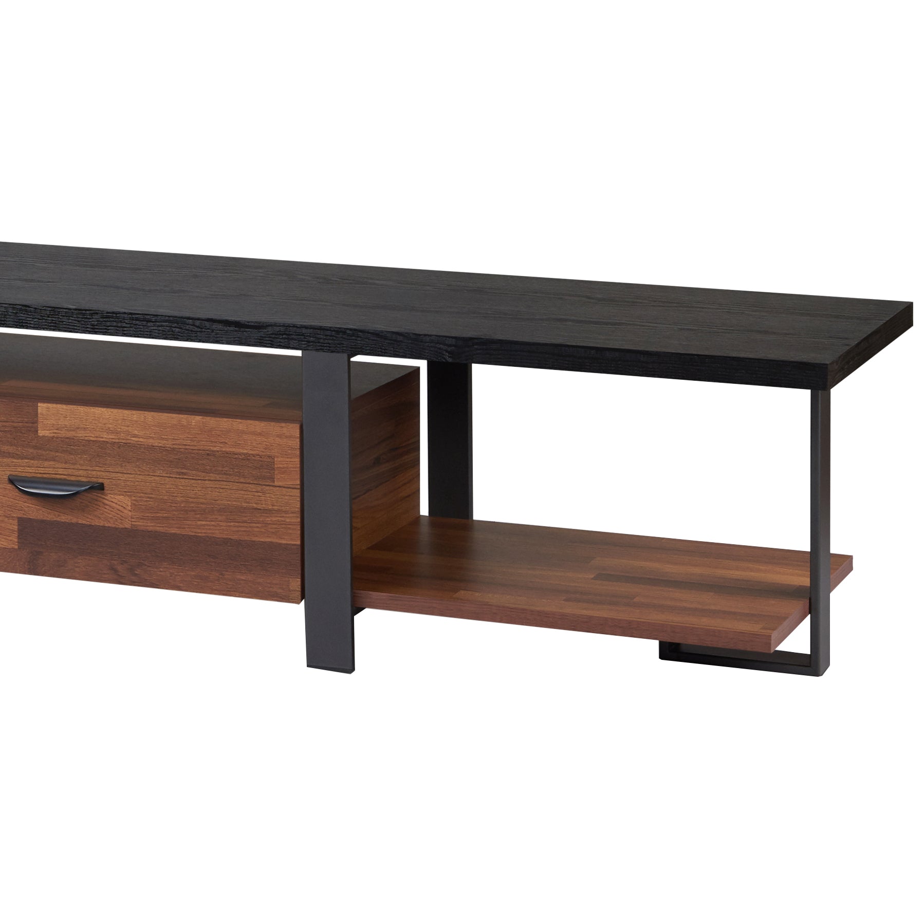 Black and wood veneer media console with drawer and open shelving