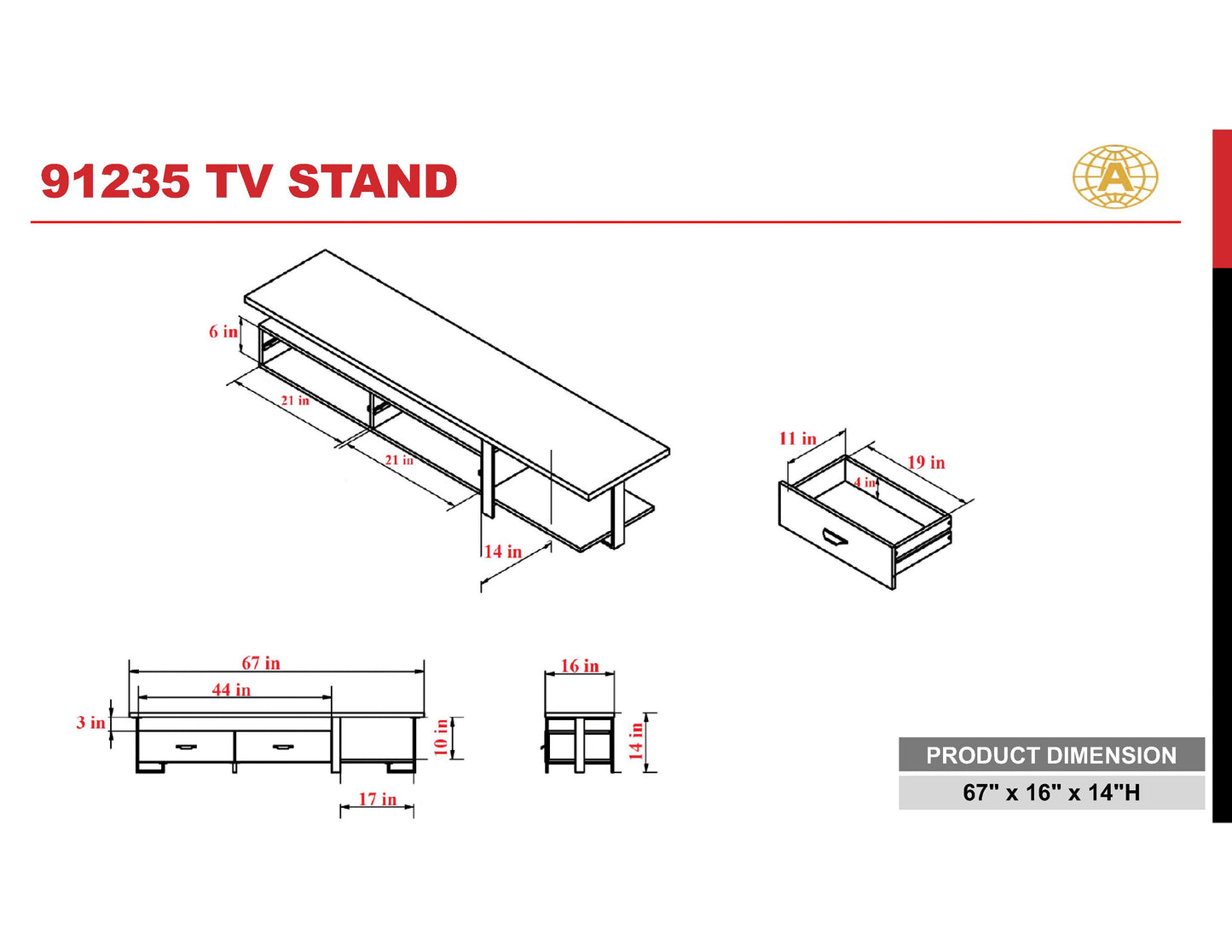 TV stand technical drawing with dimensions featuring open shelves and drawers