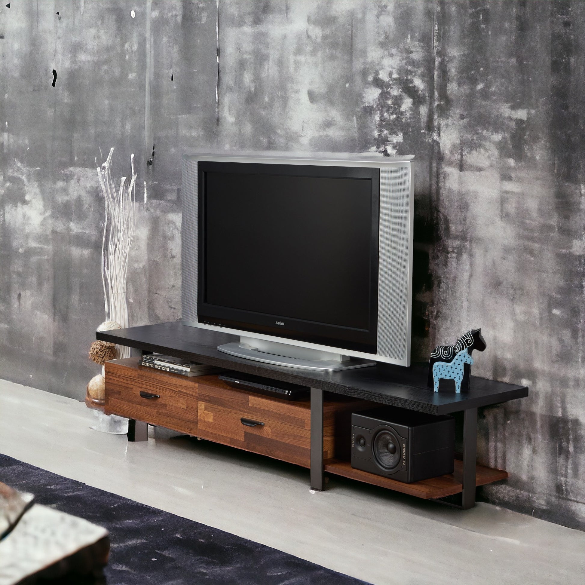 Modern wood and metal TV stand with integrated drawers and shelving