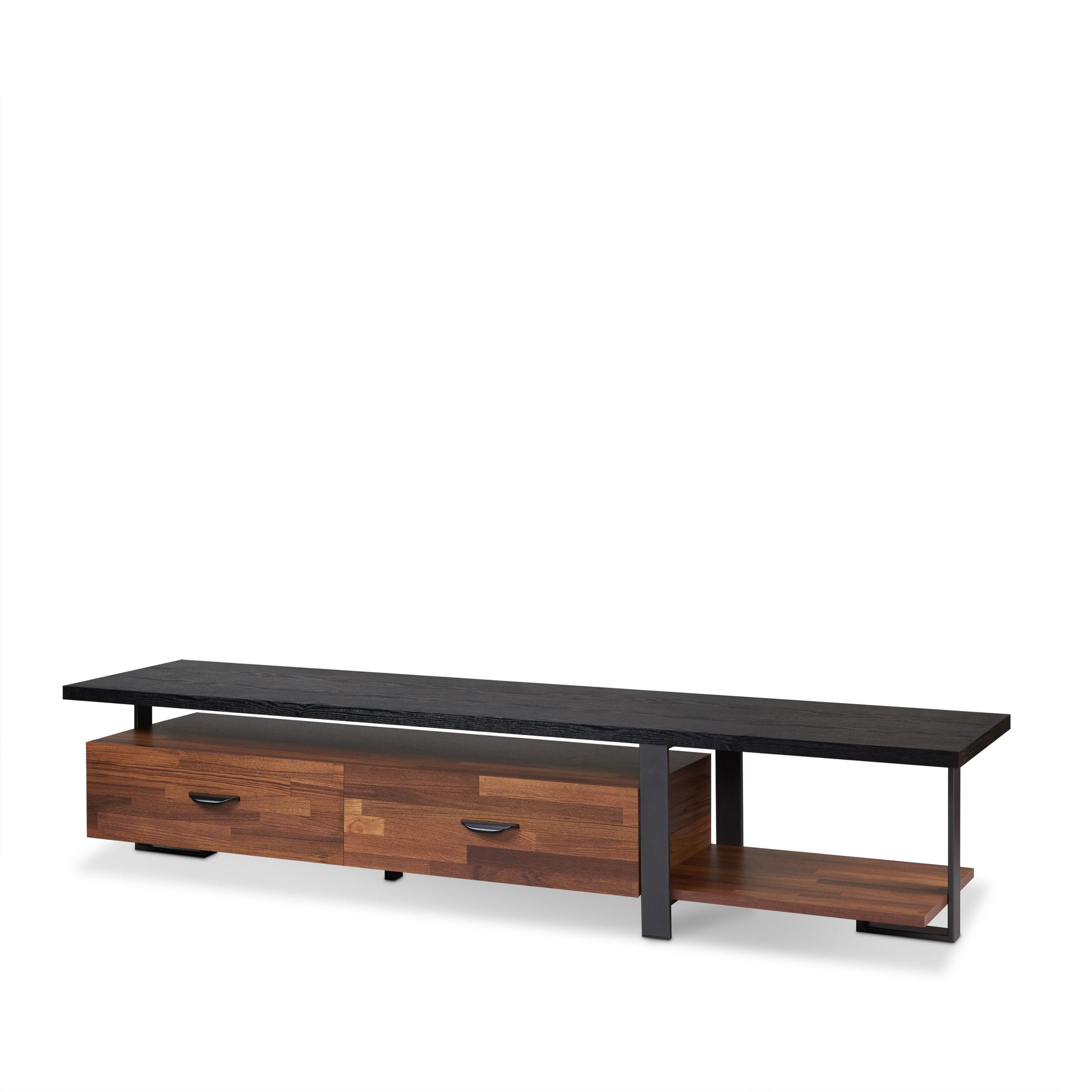 Modern black oak and walnut tv stand with drawers and open shelving