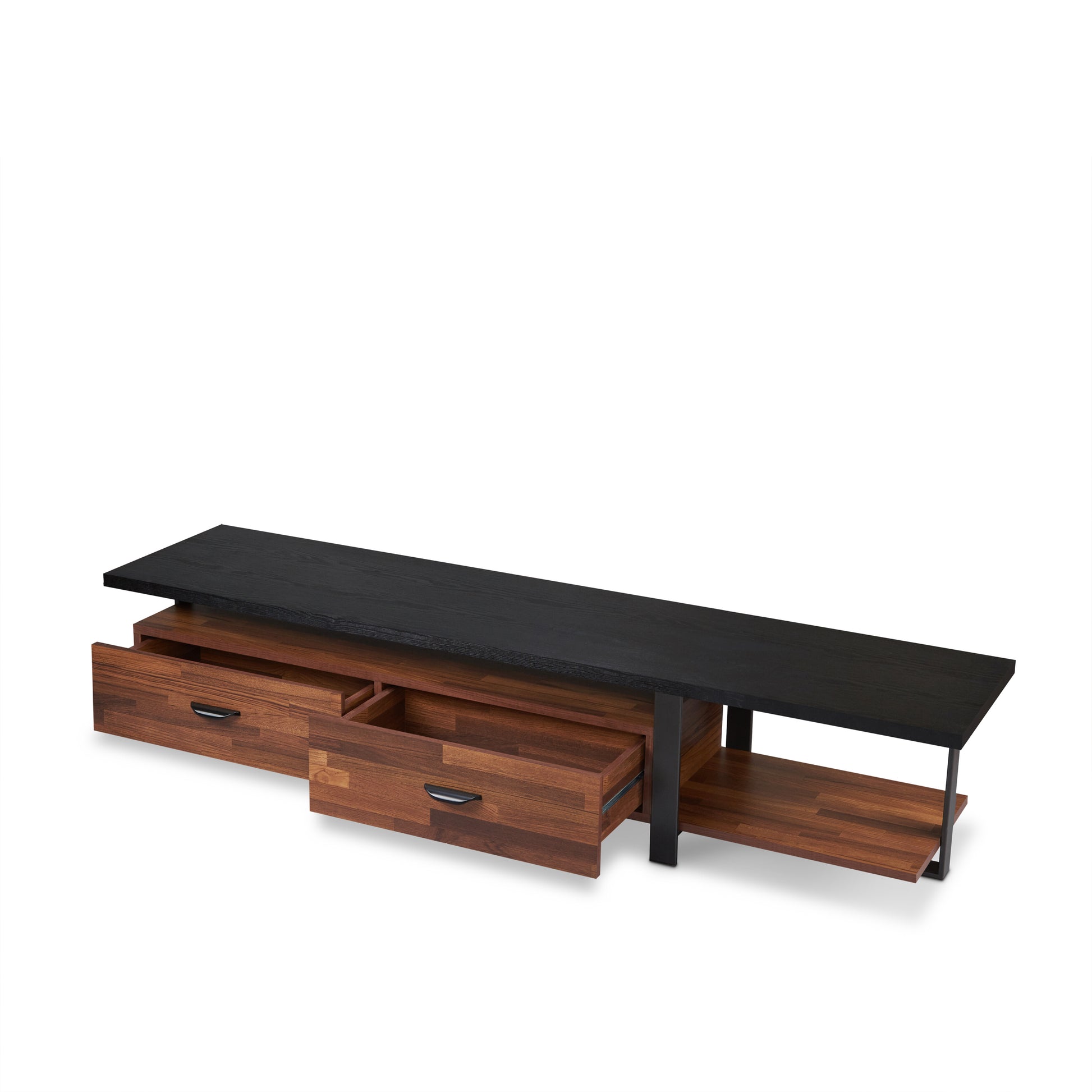Modern black and walnut media console with open shelving and drawers