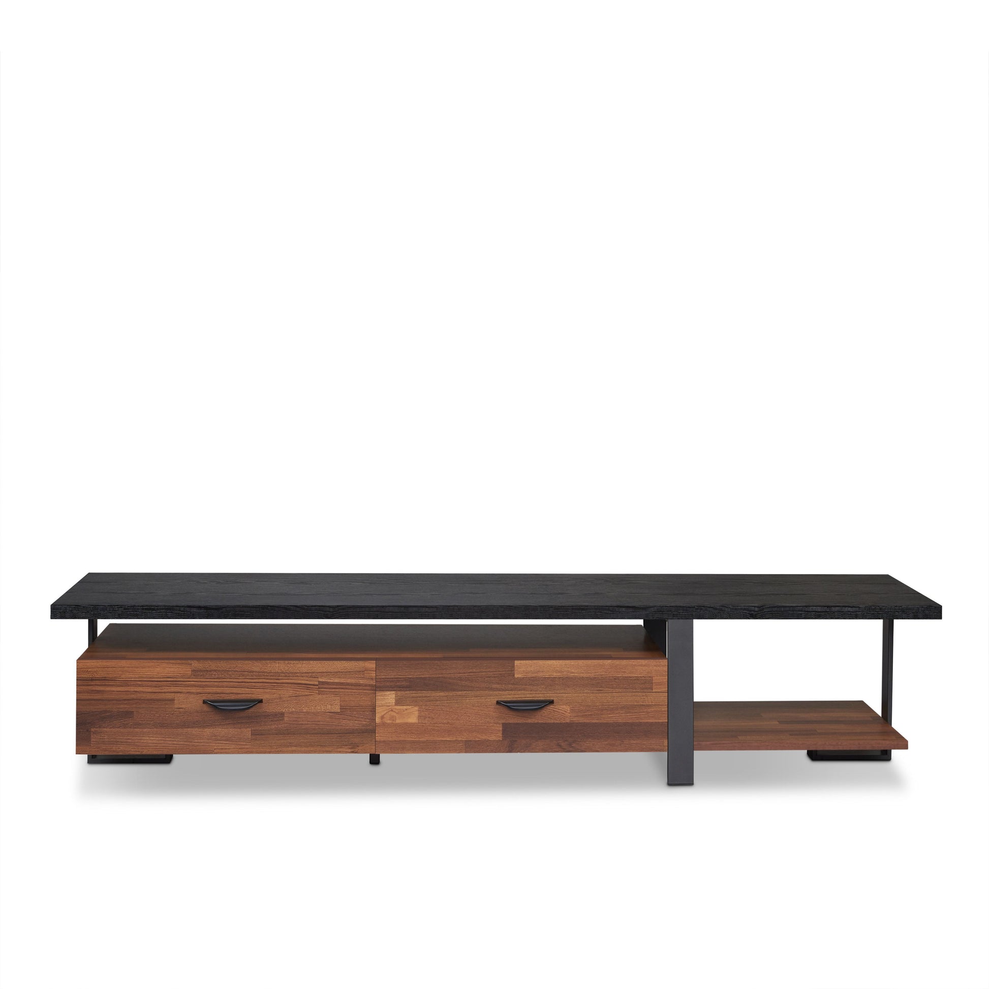 Black and walnut modern tv stand with two drawers and open shelving